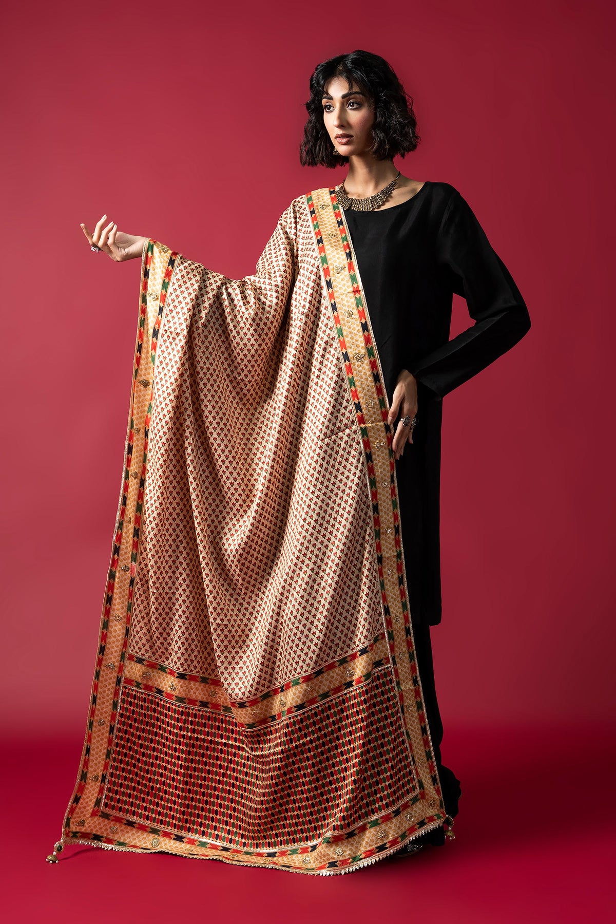 Mughal Boota 7 in Multi coloured Pak Raw Silk fabric