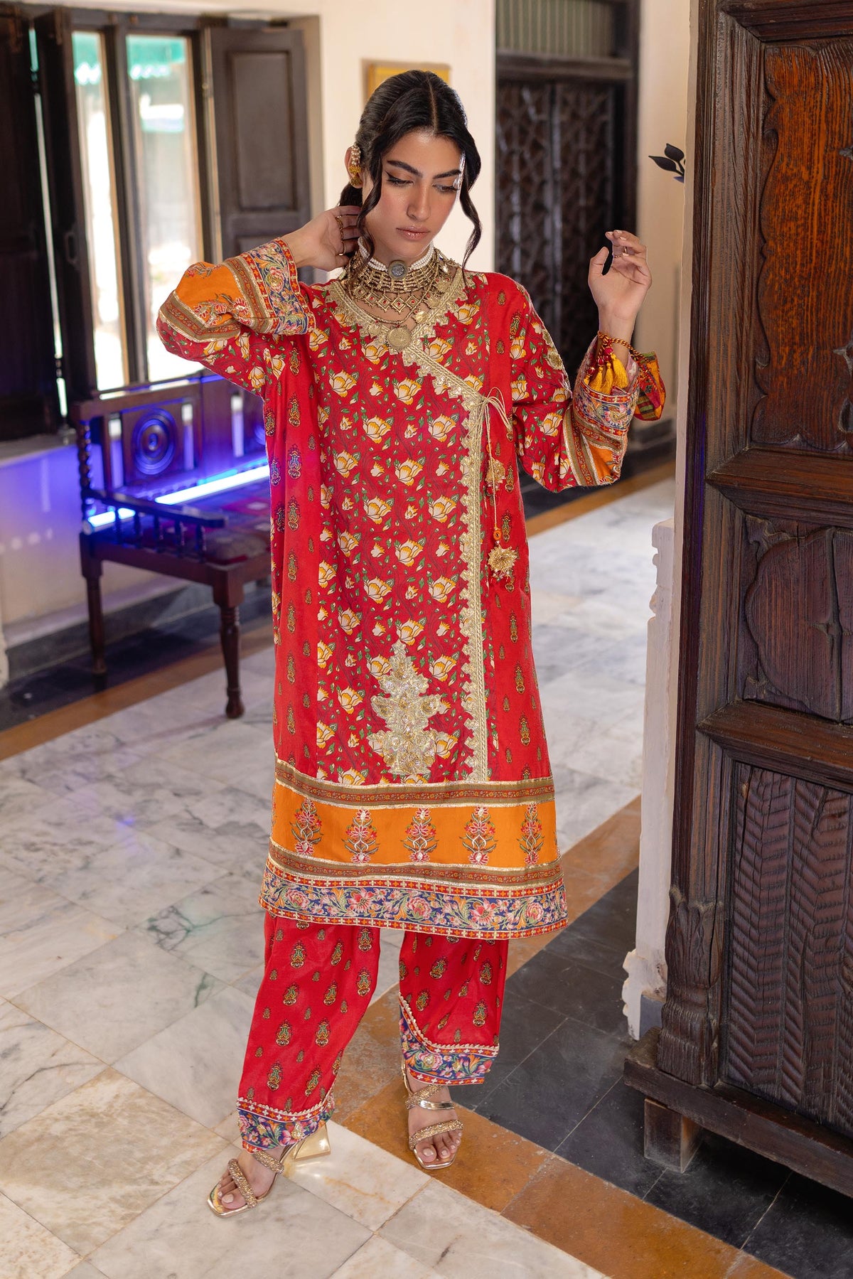 Maharani Angrakha in Multi coloured Pak Raw Silk fabric