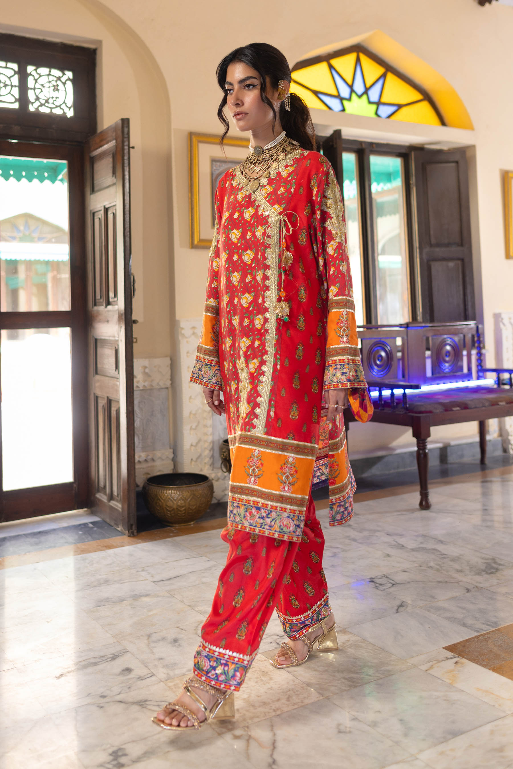 Maharani Angrakha in Multi coloured Pak Raw Silk fabric 2