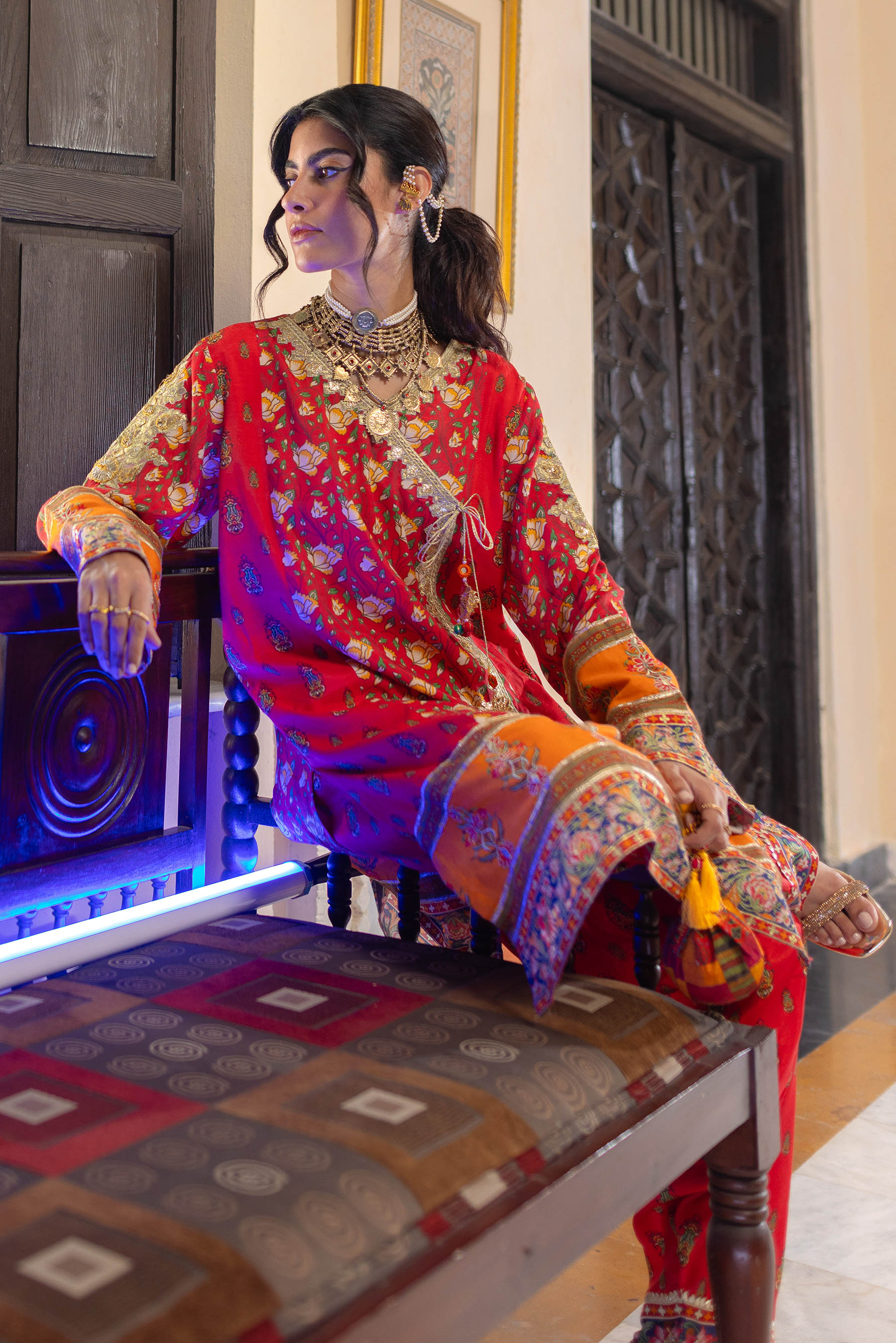 Maharani Angrakha in Multi coloured Pak Raw Silk fabric 3