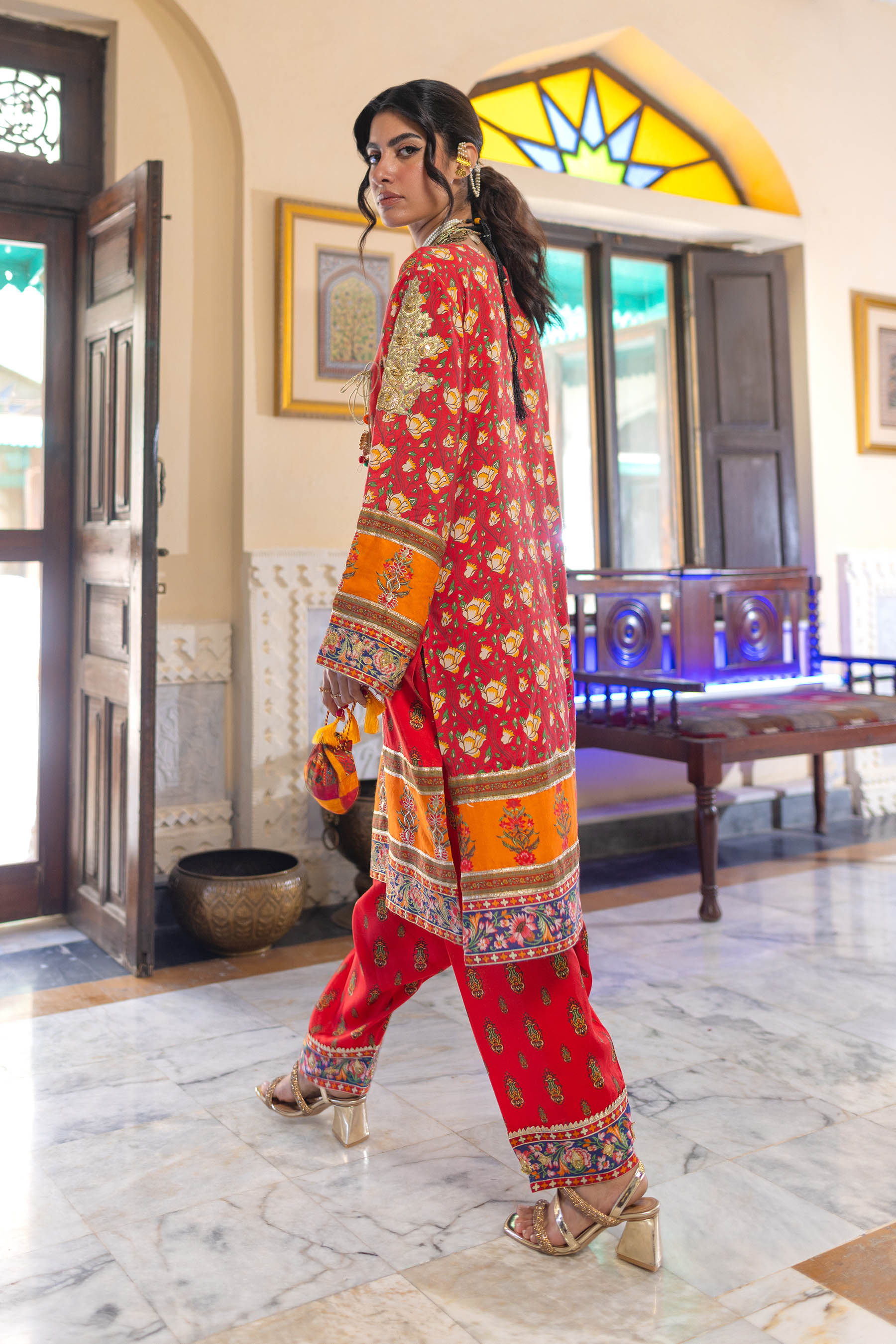 Maharani Angrakha in Multi coloured Pak Raw Silk fabric 4