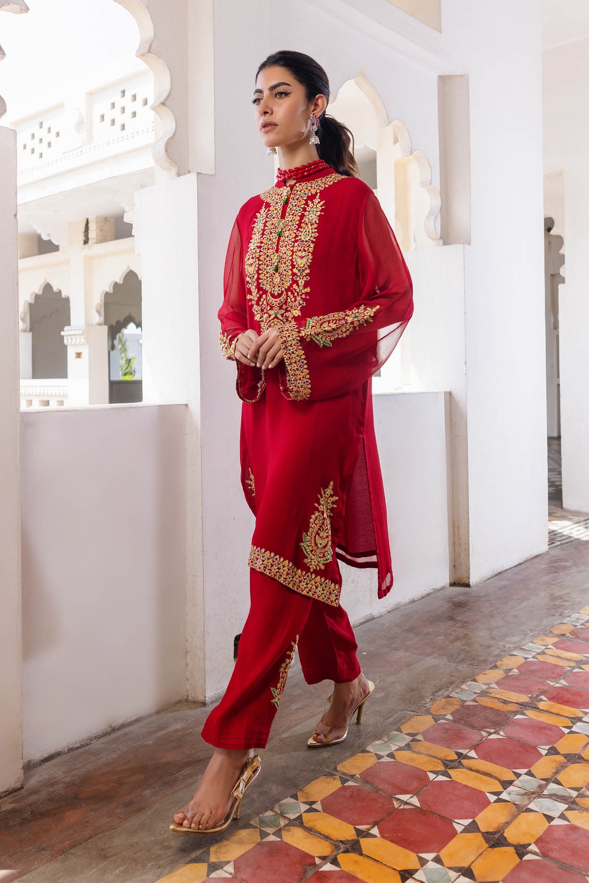 Tilla Line in Red coloured Pak Chiffon fabric