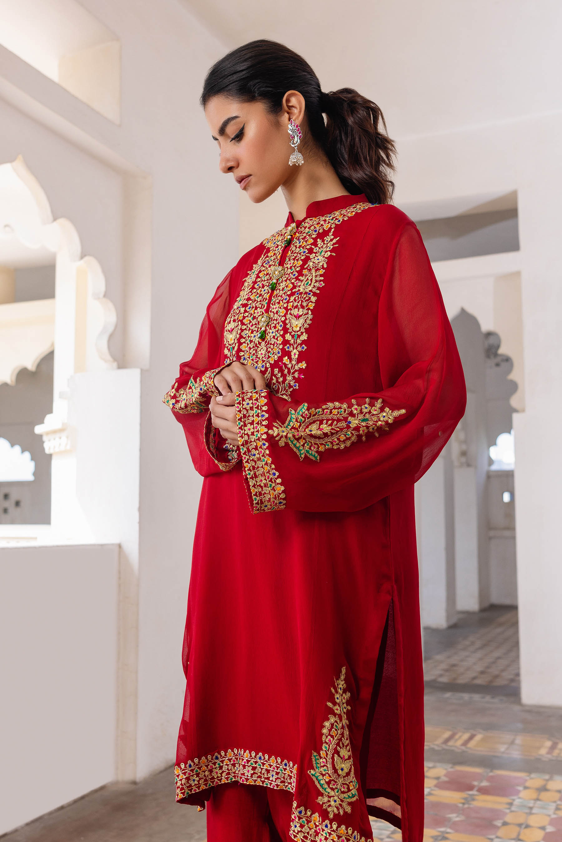 Tilla Line in Red coloured Pak Chiffon fabric 2