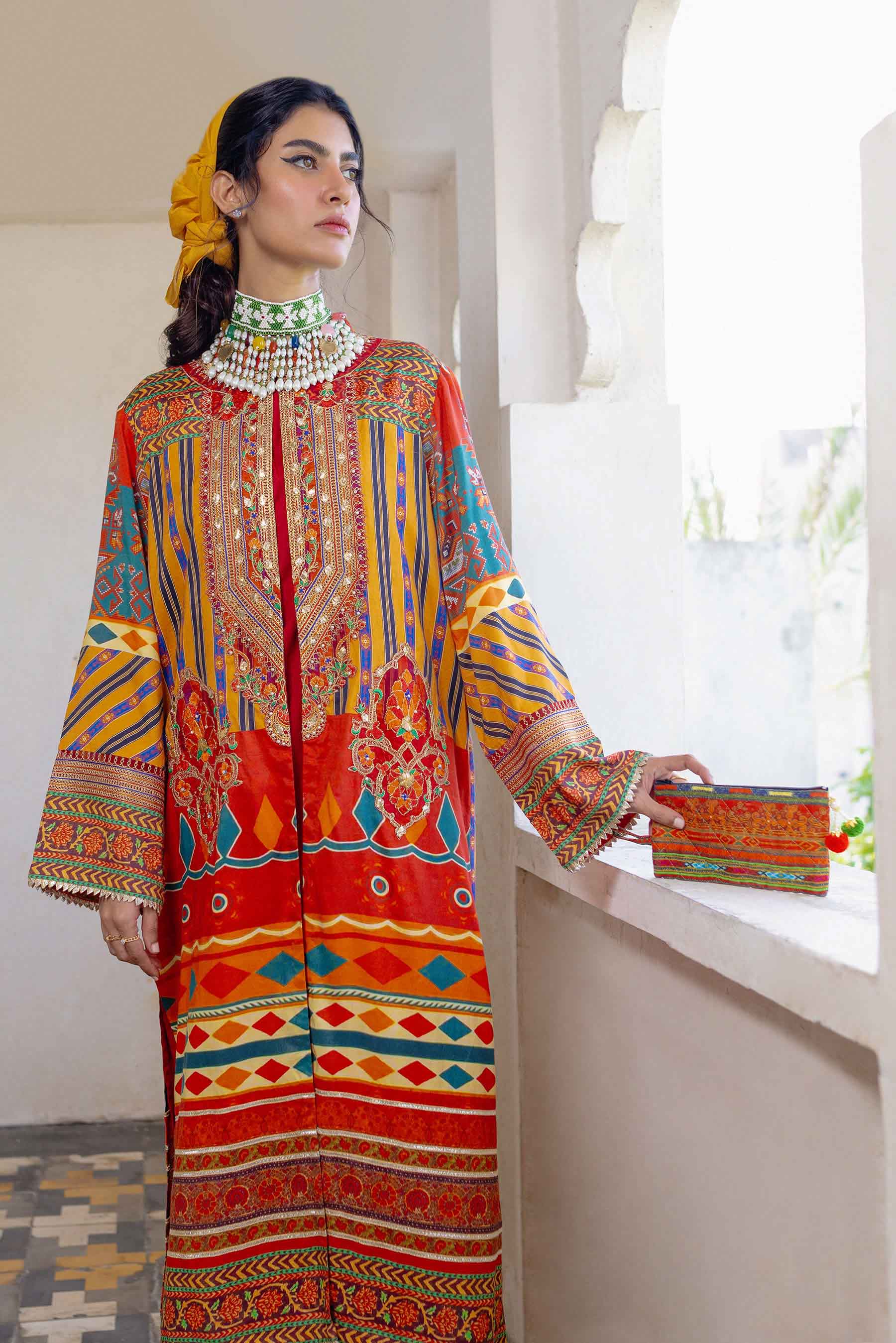Boho Long in Multi coloured Pak Raw Silk fabric 2