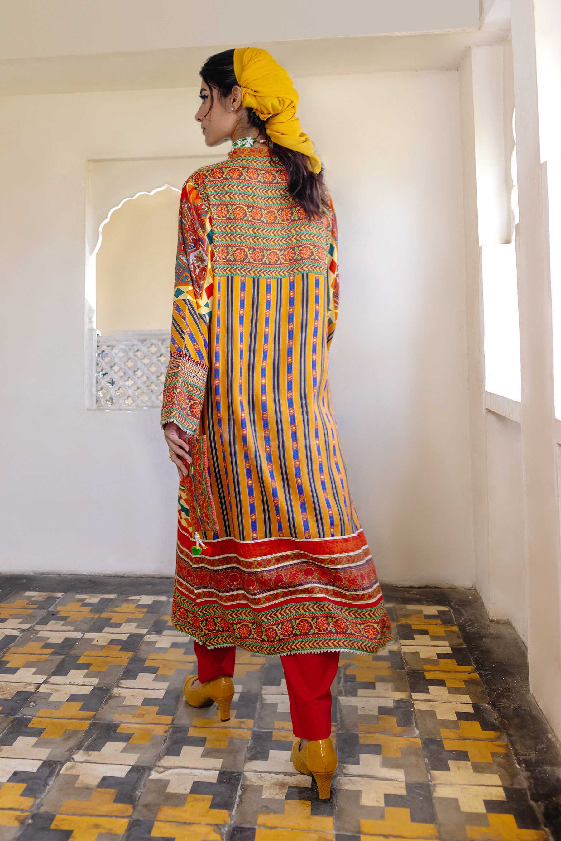 Boho Long in Multi coloured Pak Raw Silk fabric 4