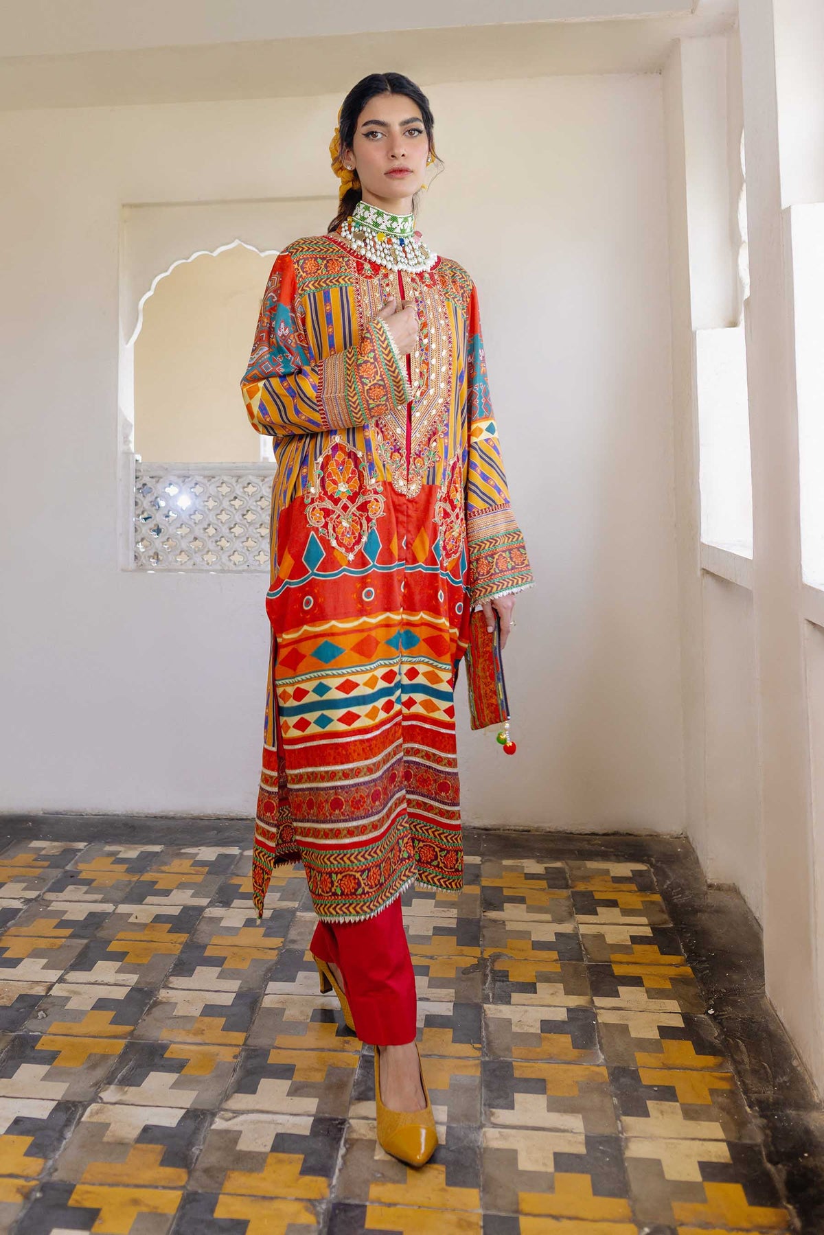 Boho Long in Multi coloured Pak Raw Silk fabric