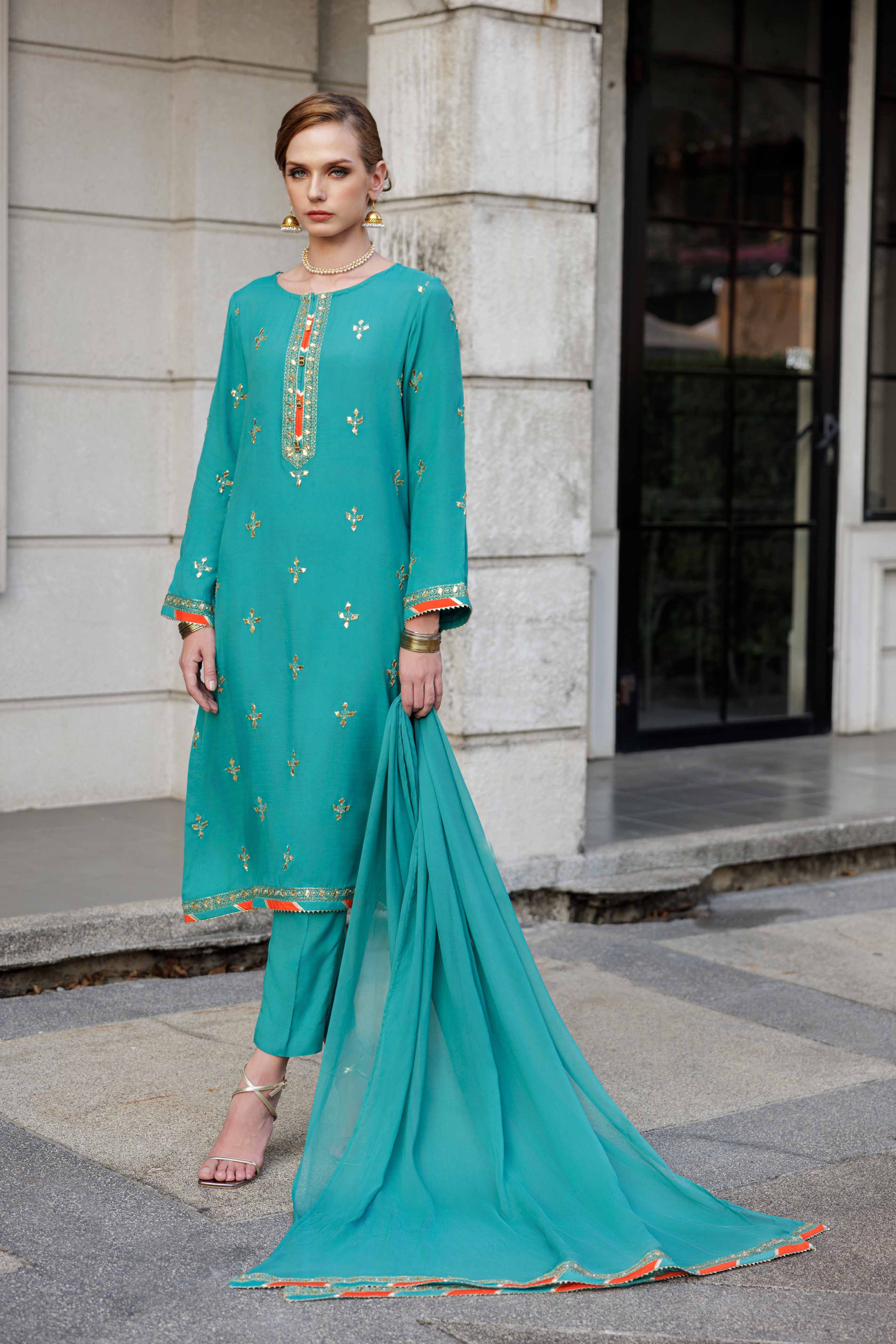 Green Patti 2: 3 Piece Suit Suit in Sea Green Raw Silk (FR0976)