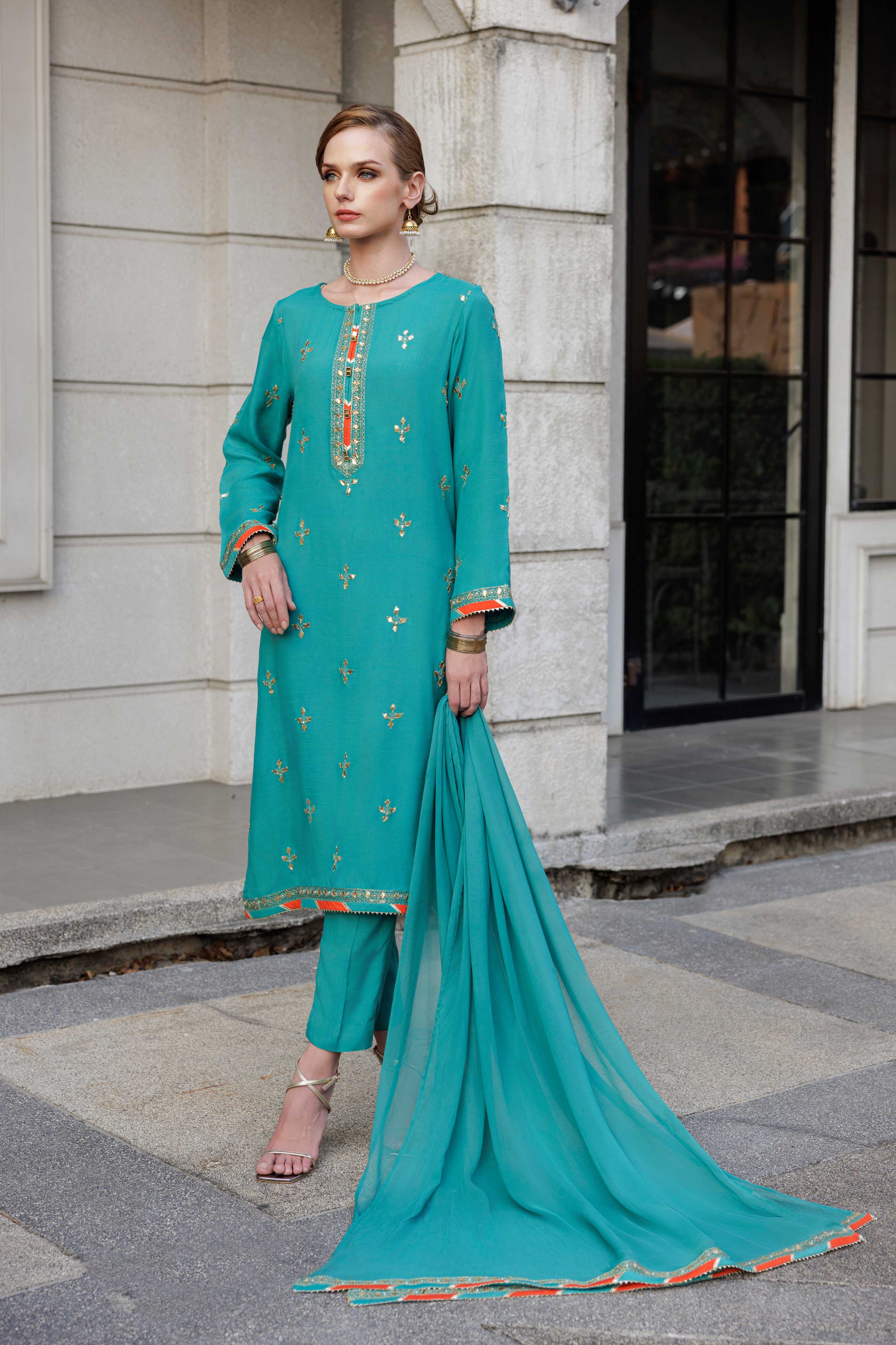 Green Patti 2: 3 Piece Suit Suit in Sea Green Raw Silk (FR0976)