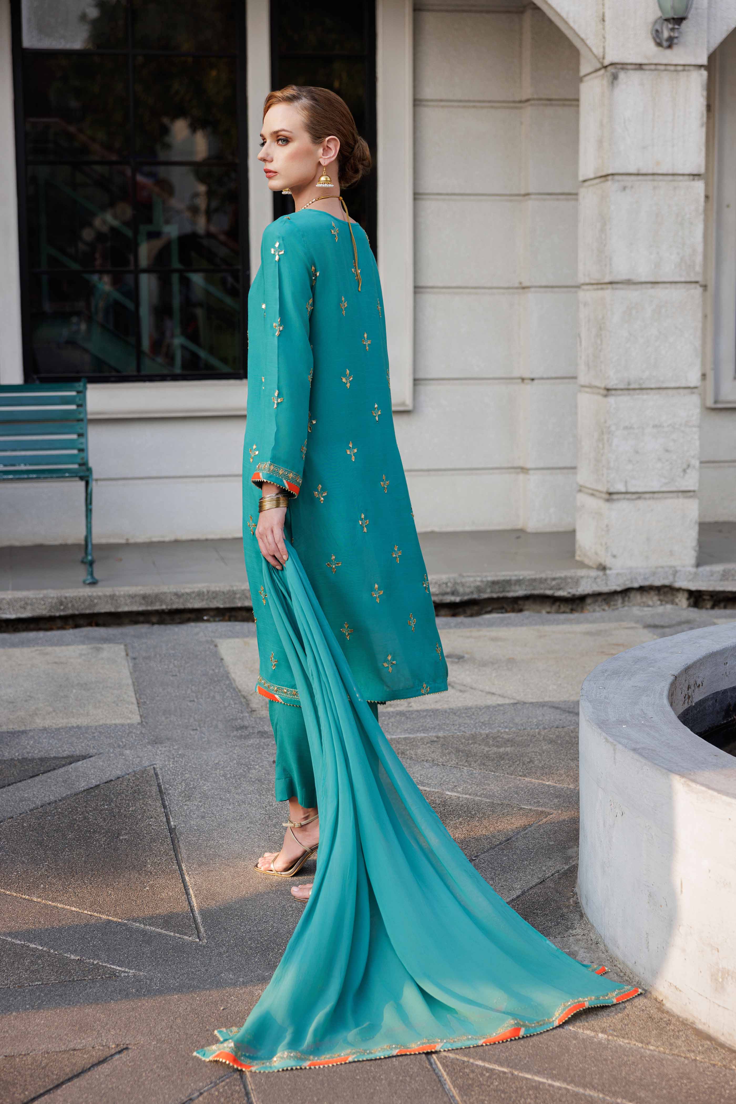 Green Patti 2: 3 Piece Suit Suit in Sea Green Raw Silk (FR0976)