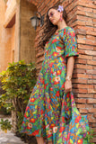 Green Phool Print: 1 Piece Frock in Multi Raw Silk (TR1134)