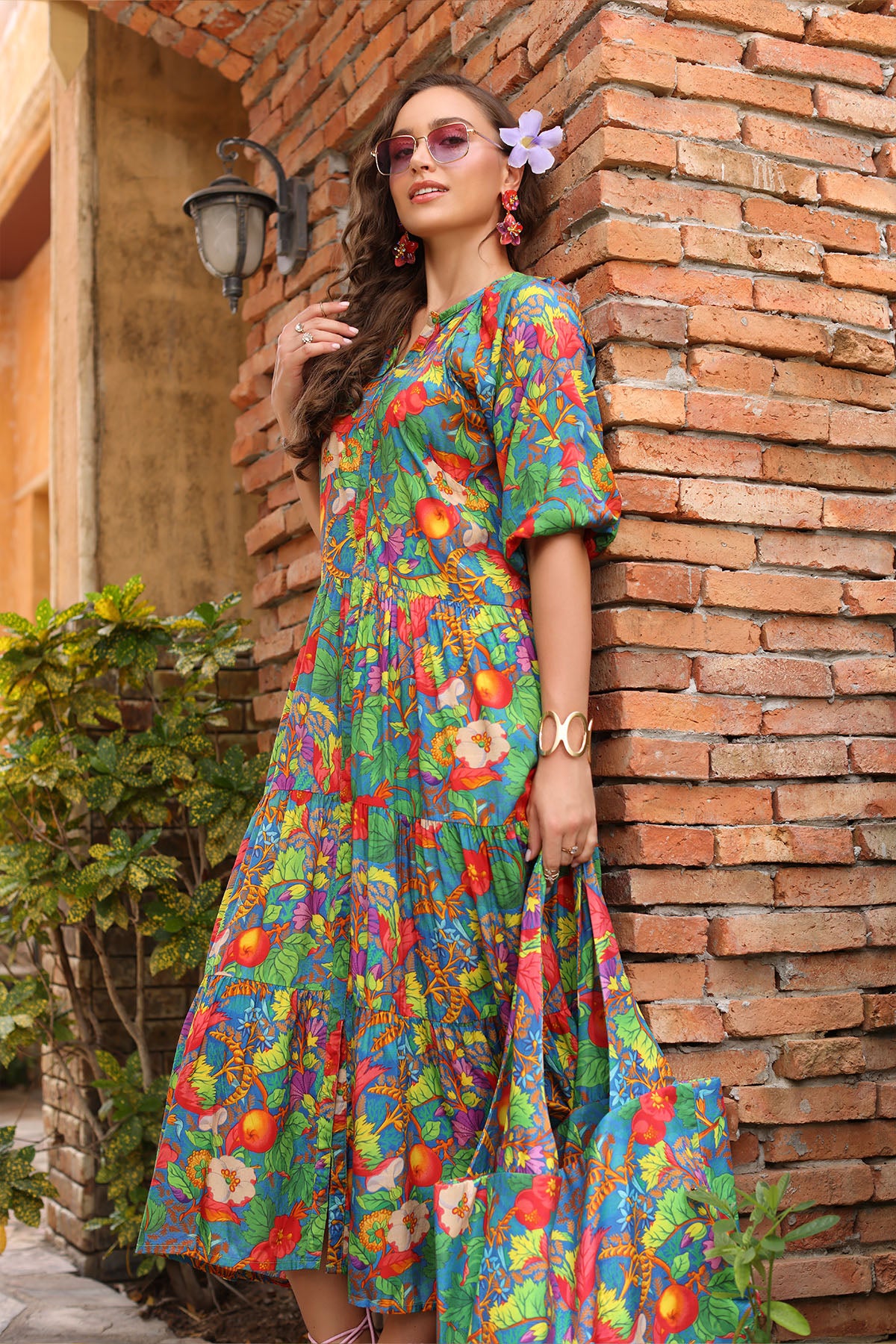 Green Phool Print: 1 Piece Frock in Multi Raw Silk (TR1134)