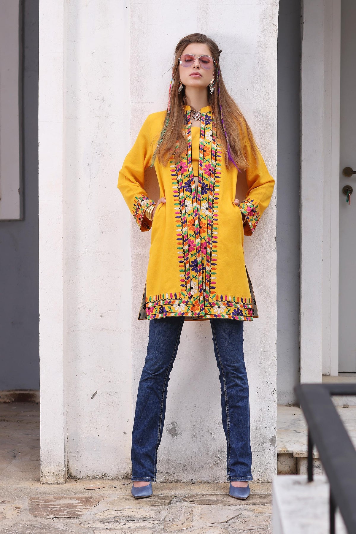 Multi Pattiyan in Yellow coloured Slub Khaddar fabric