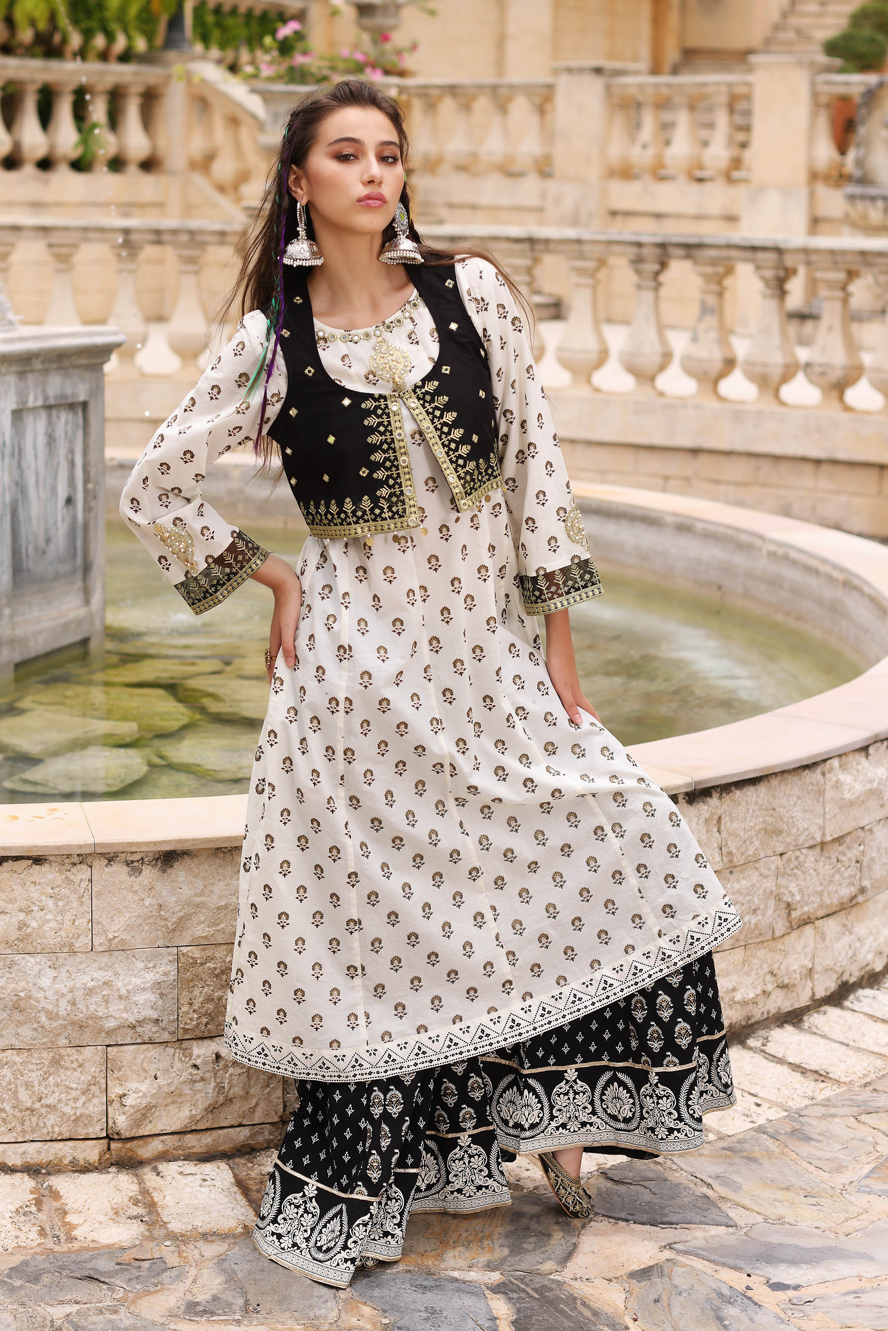 Discover Timeless Style: Gold Sitara 1 Frock & Koti in Off White ...