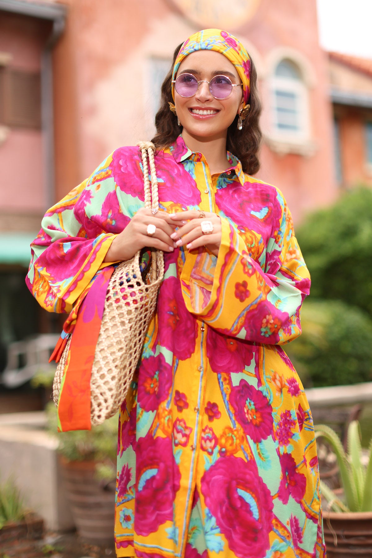 Pink Flower Print: 1 Piece Top in Multi Raw Silk (TR1118)