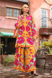 Pink Flower Print Coo: 1 Piece Culottes in Multi Raw Silk (CZ3122)