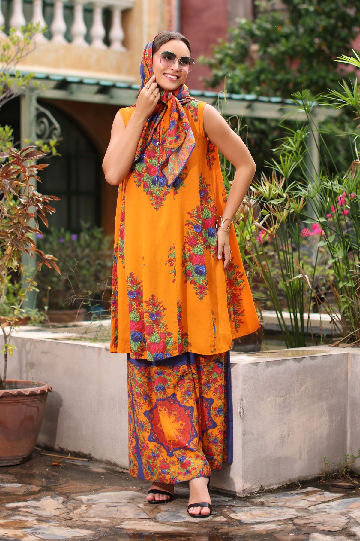 Orange Phool Print: 1 Piece Frock in Multi Lawn (TR1081)