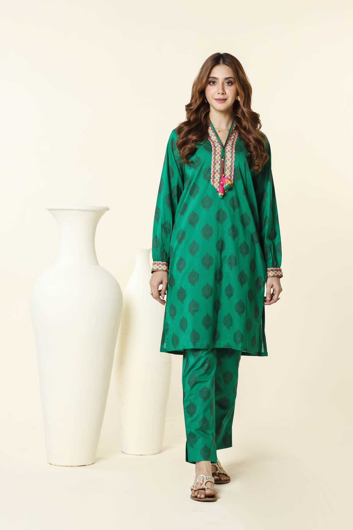 Ikat Jaal: 2 Piece Suit in Dark Green Printed Lawn (CR3247)