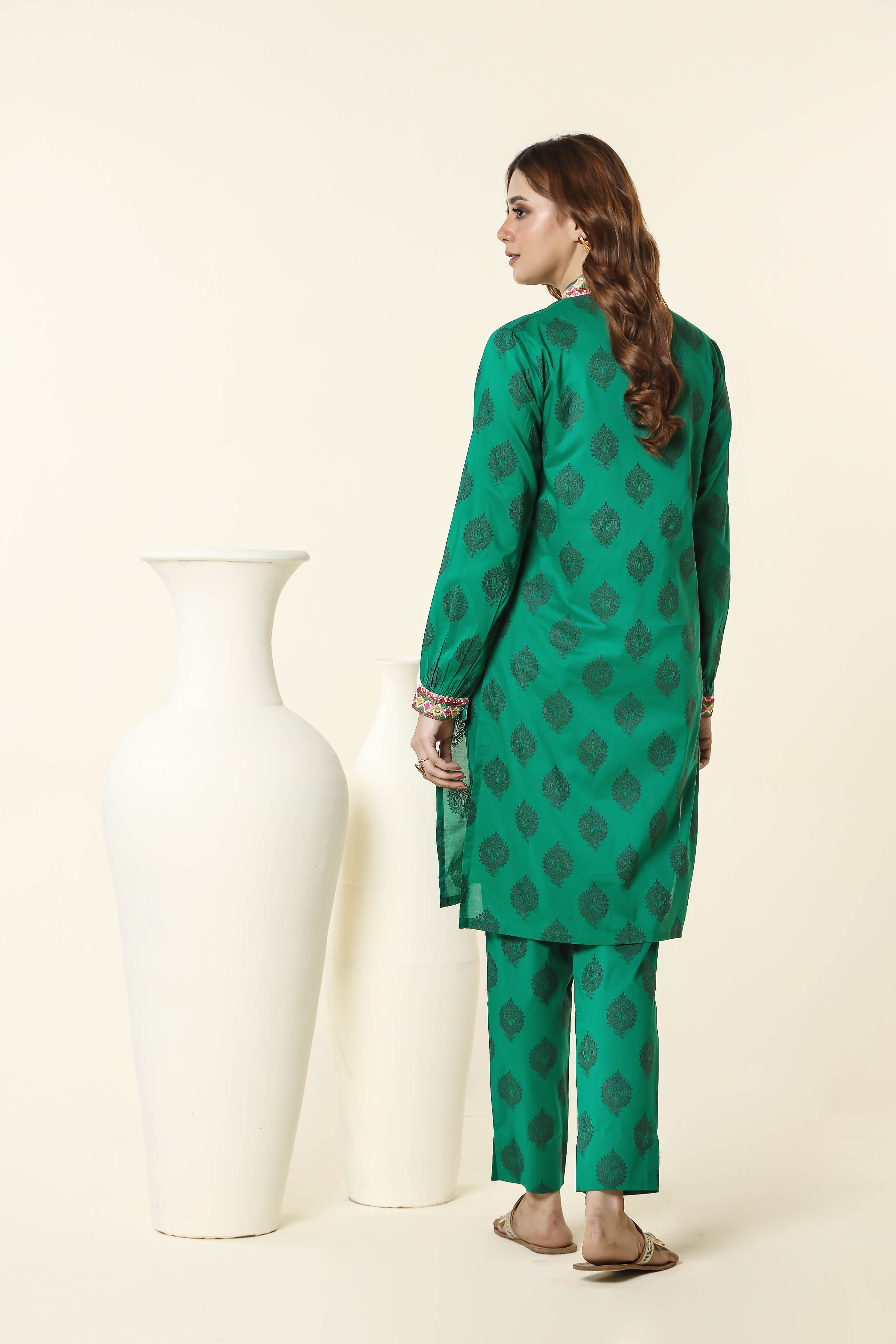 Ikat Jaal: 2 Piece Suit in Dark Green Printed Lawn (CR3247)