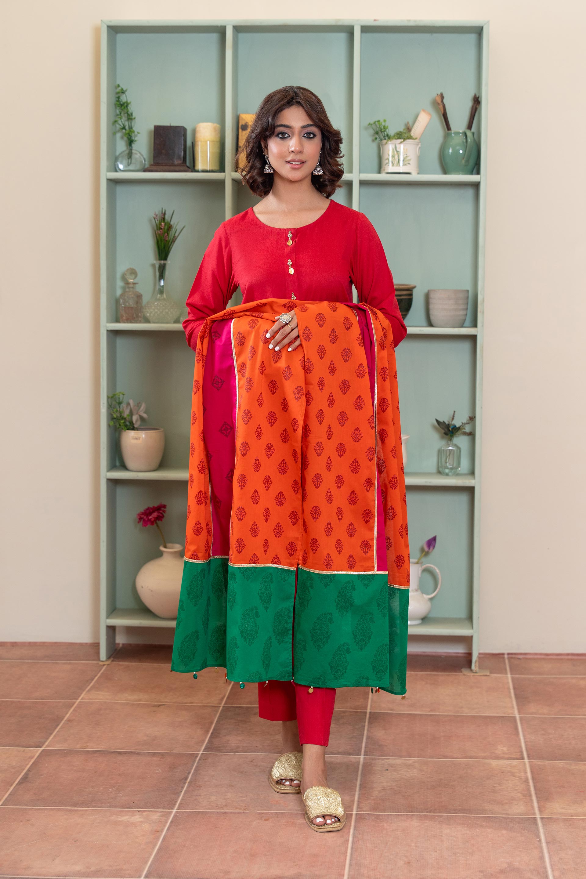 1 Piece Stole in Orange Lawn (CZ3250)