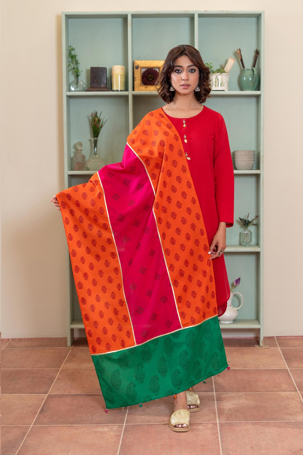 1 Piece Stole in Orange Lawn (CZ3250)
