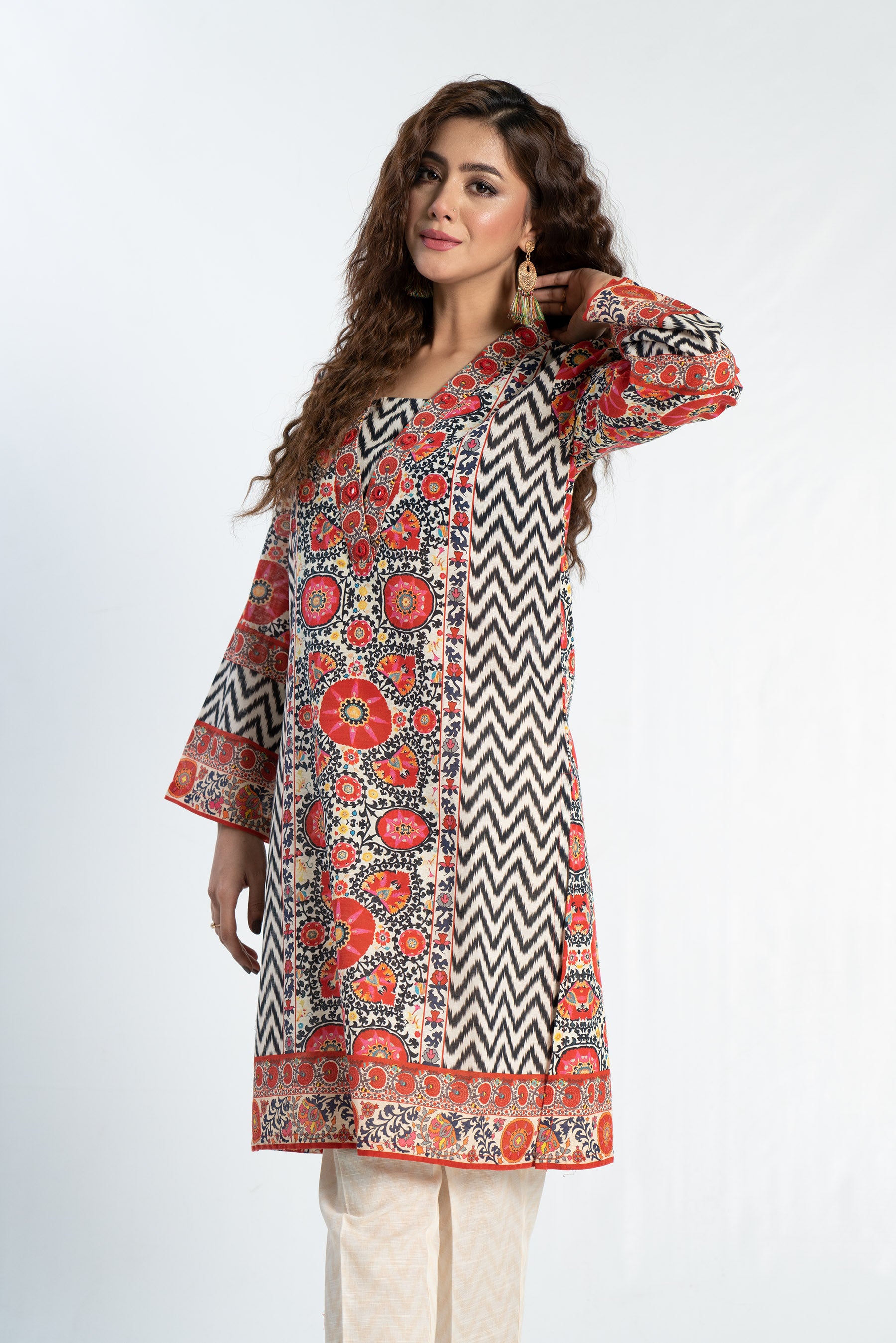 Suzani Ikat in Multi coloured Printed Slub Khaddar fabric 4