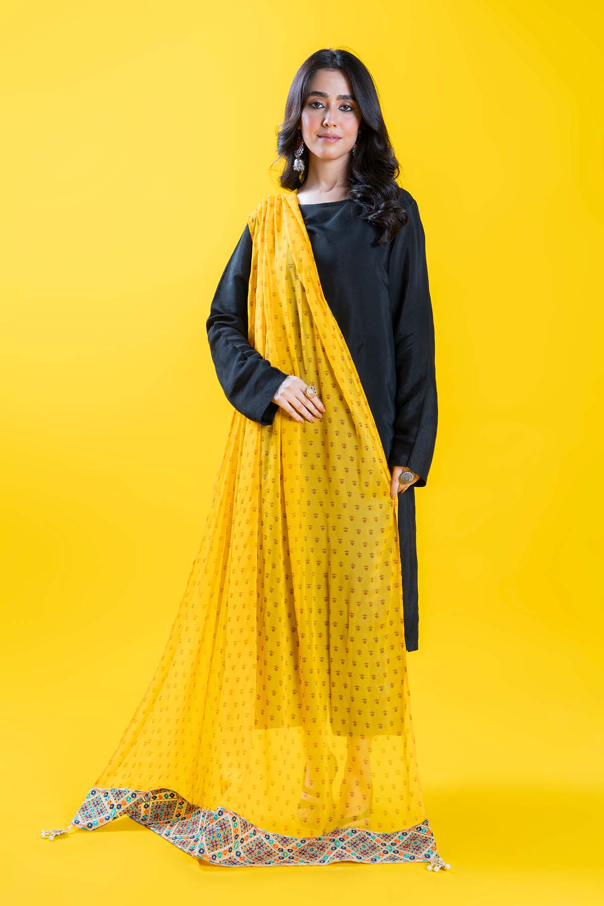 Geometrical Border in Yellow coloured Pak Chiffon fabric