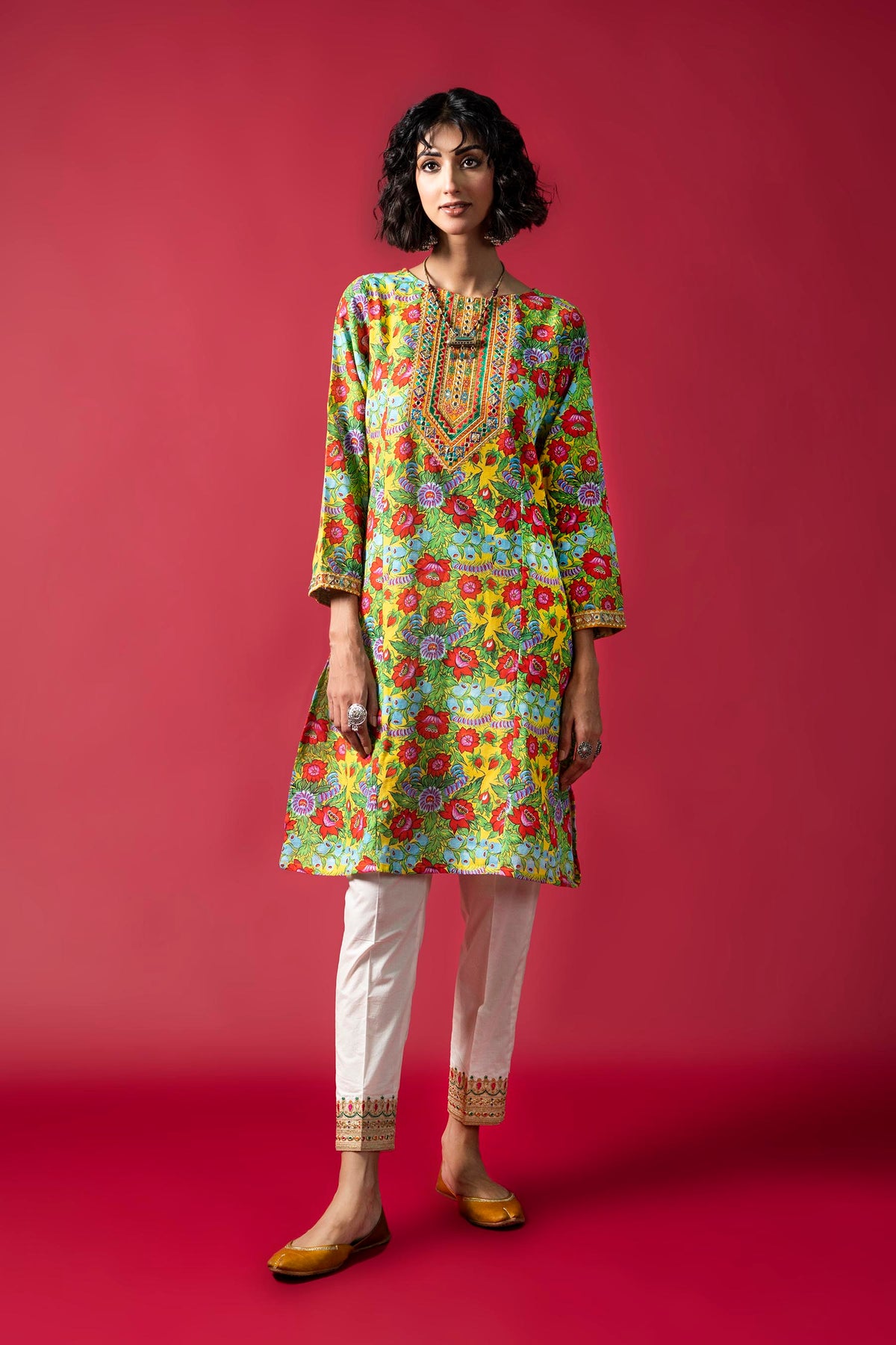 Yellow Garden in Multi coloured Printed Slub Khaddar fabric