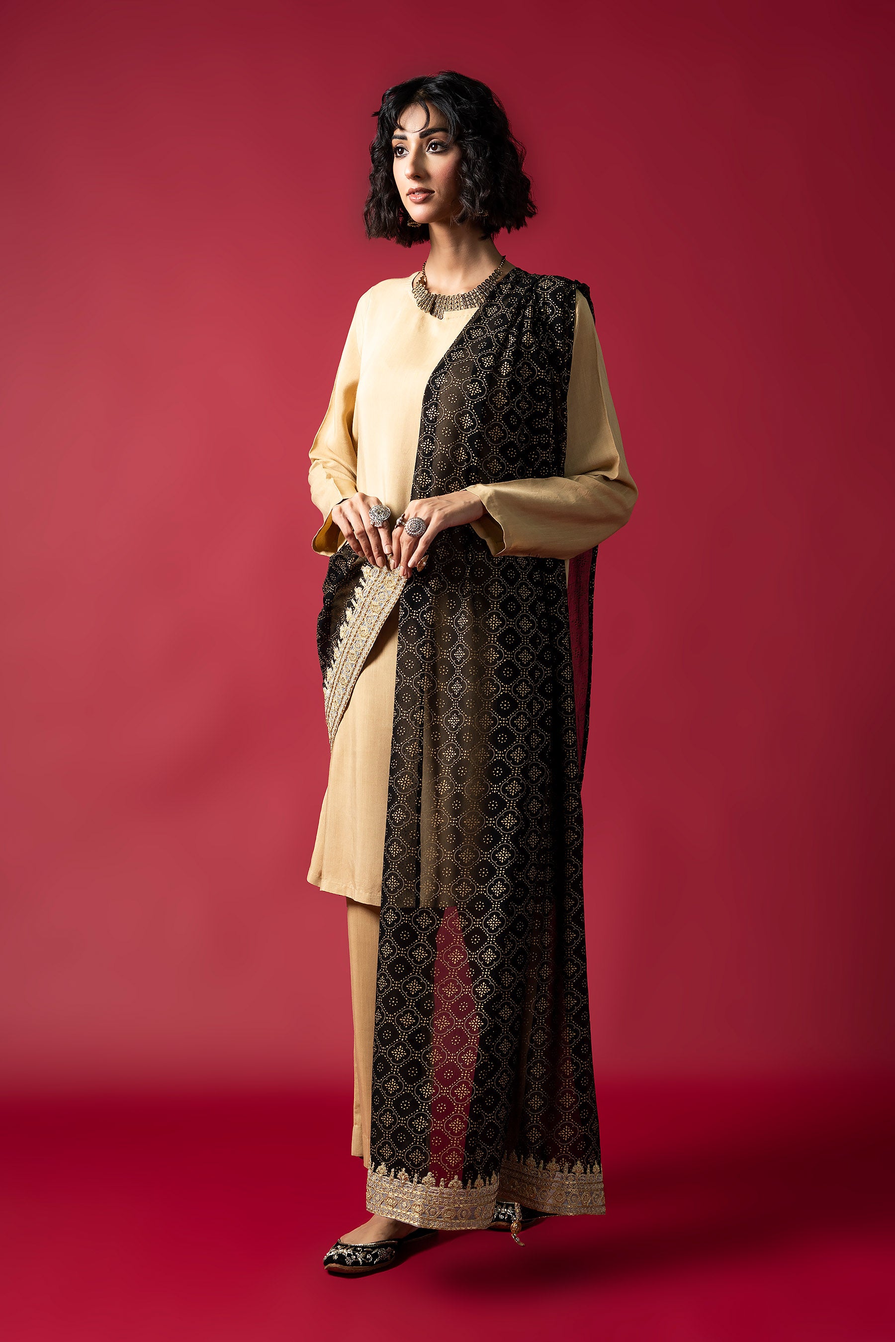 Gold Chunri 2 in Black coloured Pak Chiffon fabric