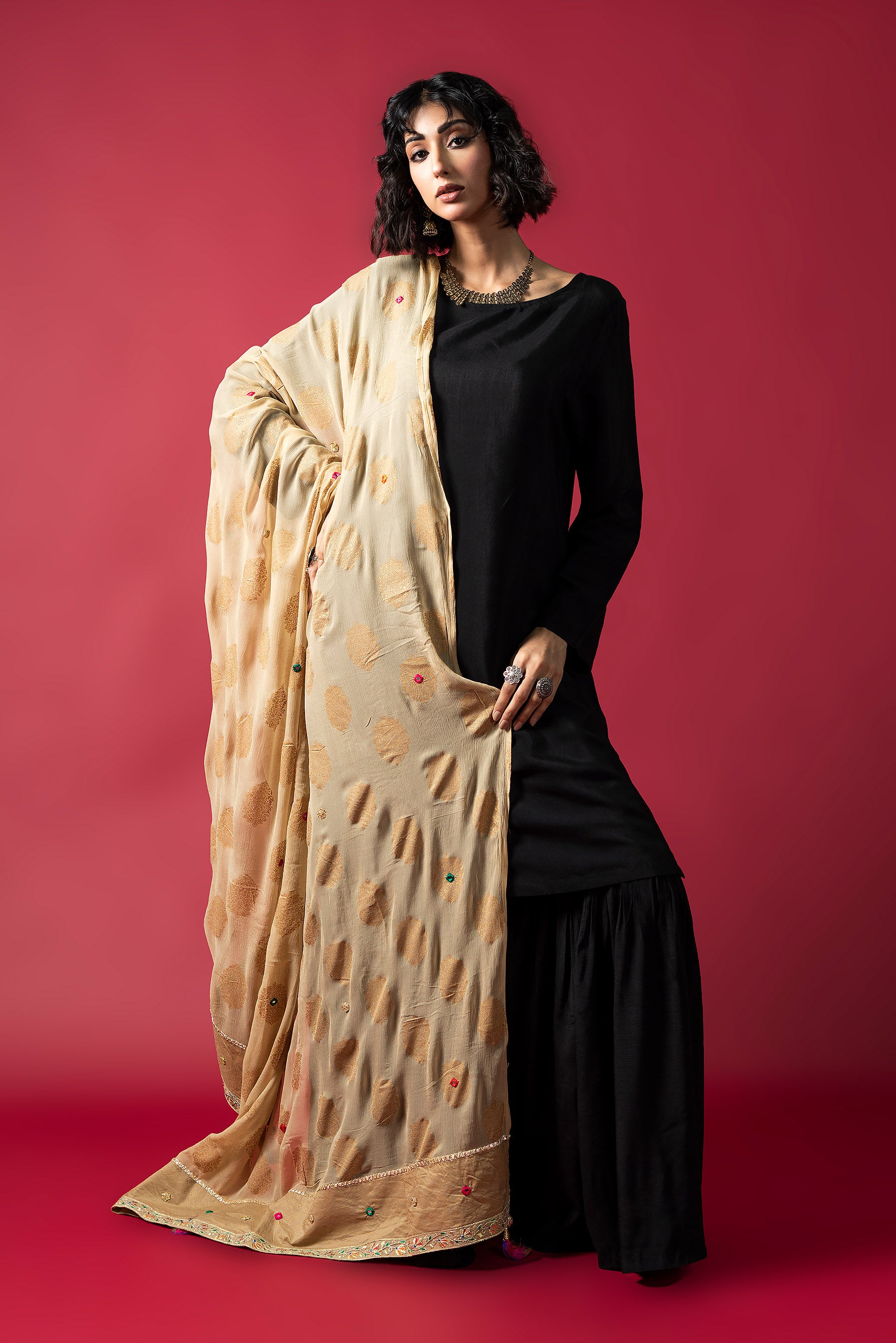 Beige Tilla in Beige coloured Pak Chiffon fabric