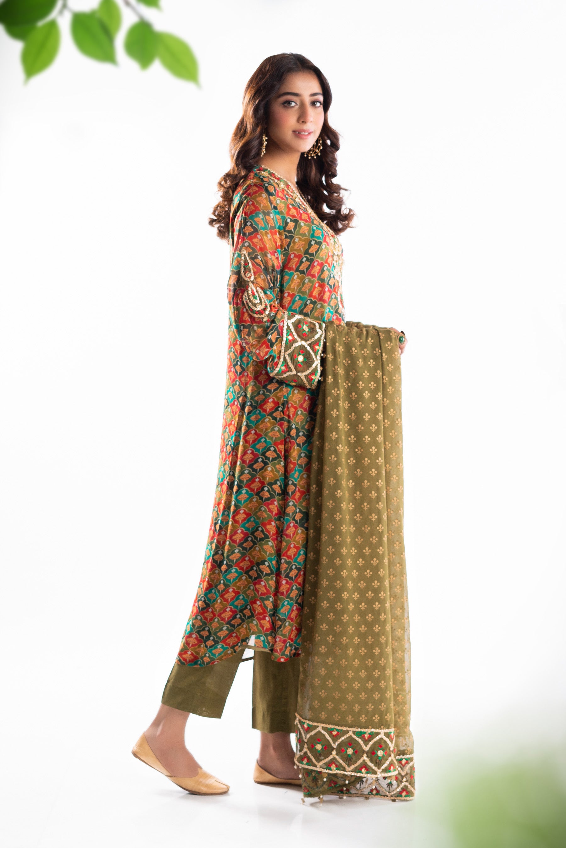 Mehandi Green in Multi coloured Pak Chiffon fabric 2