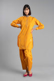 Navy Blue in Mustard coloured Lawn Karandi fabric