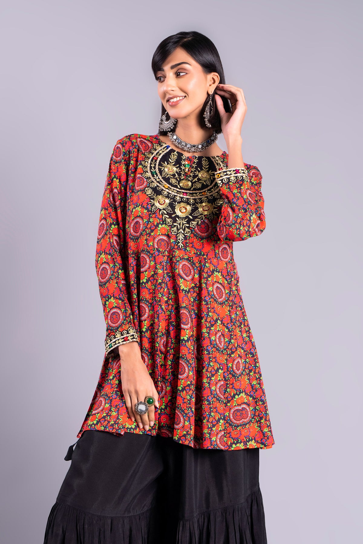 Black Patch Sl in Multi coloured Printed Lawn fabric
