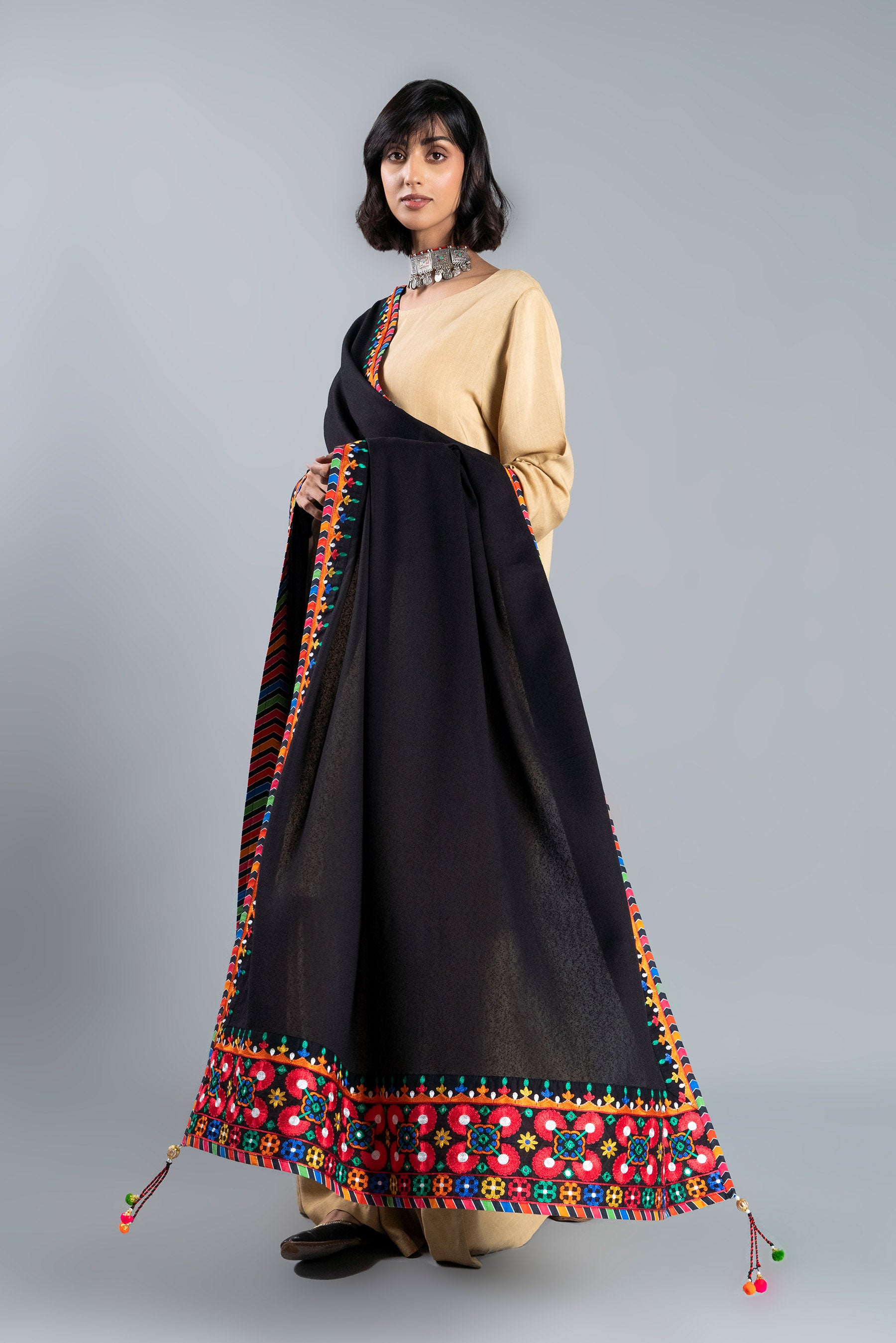 Aari Chevron in Black coloured Lawn Karandi fabric