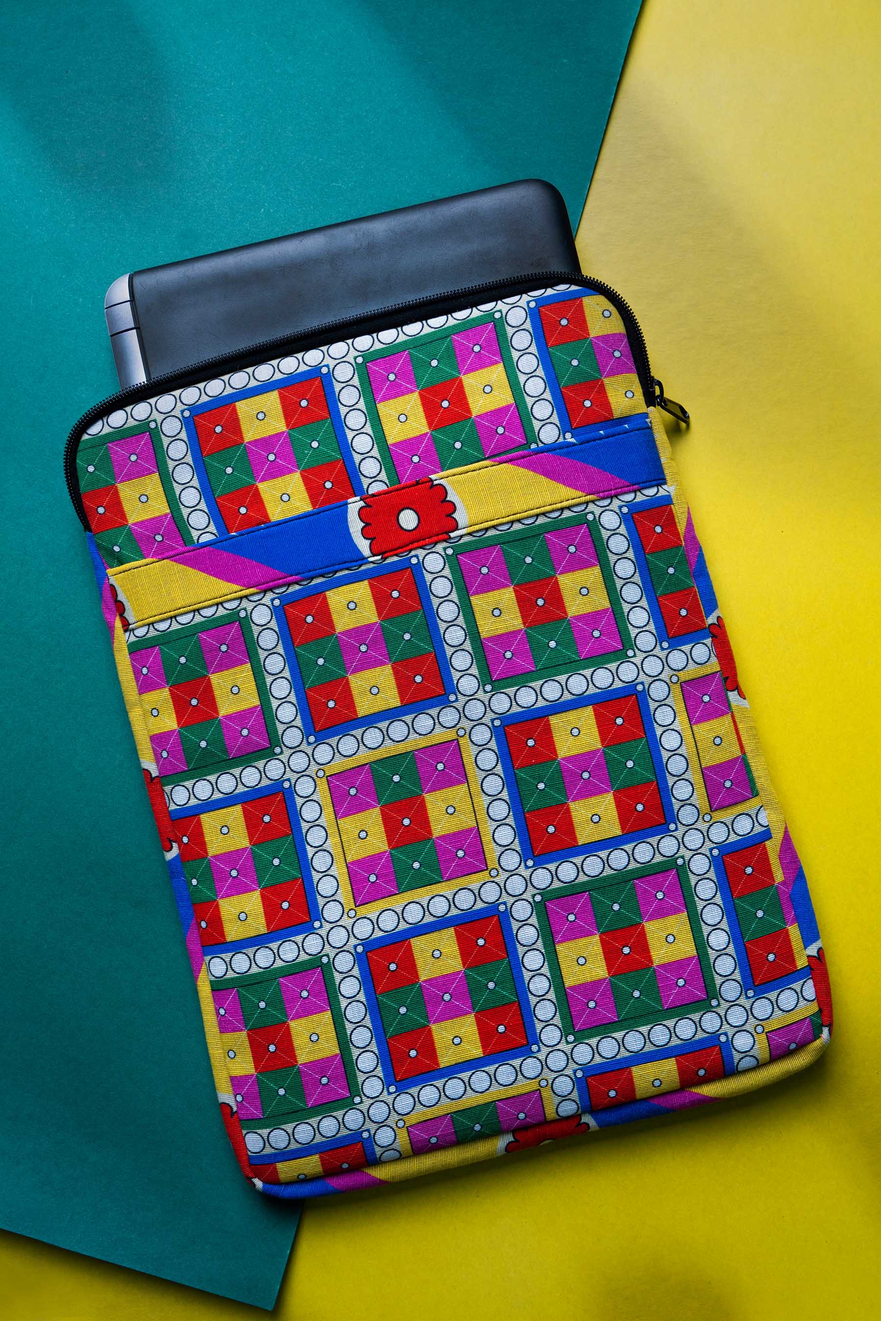 Laptop Bags 4 in Multi coloured Printed Slub Khaddar fabric
