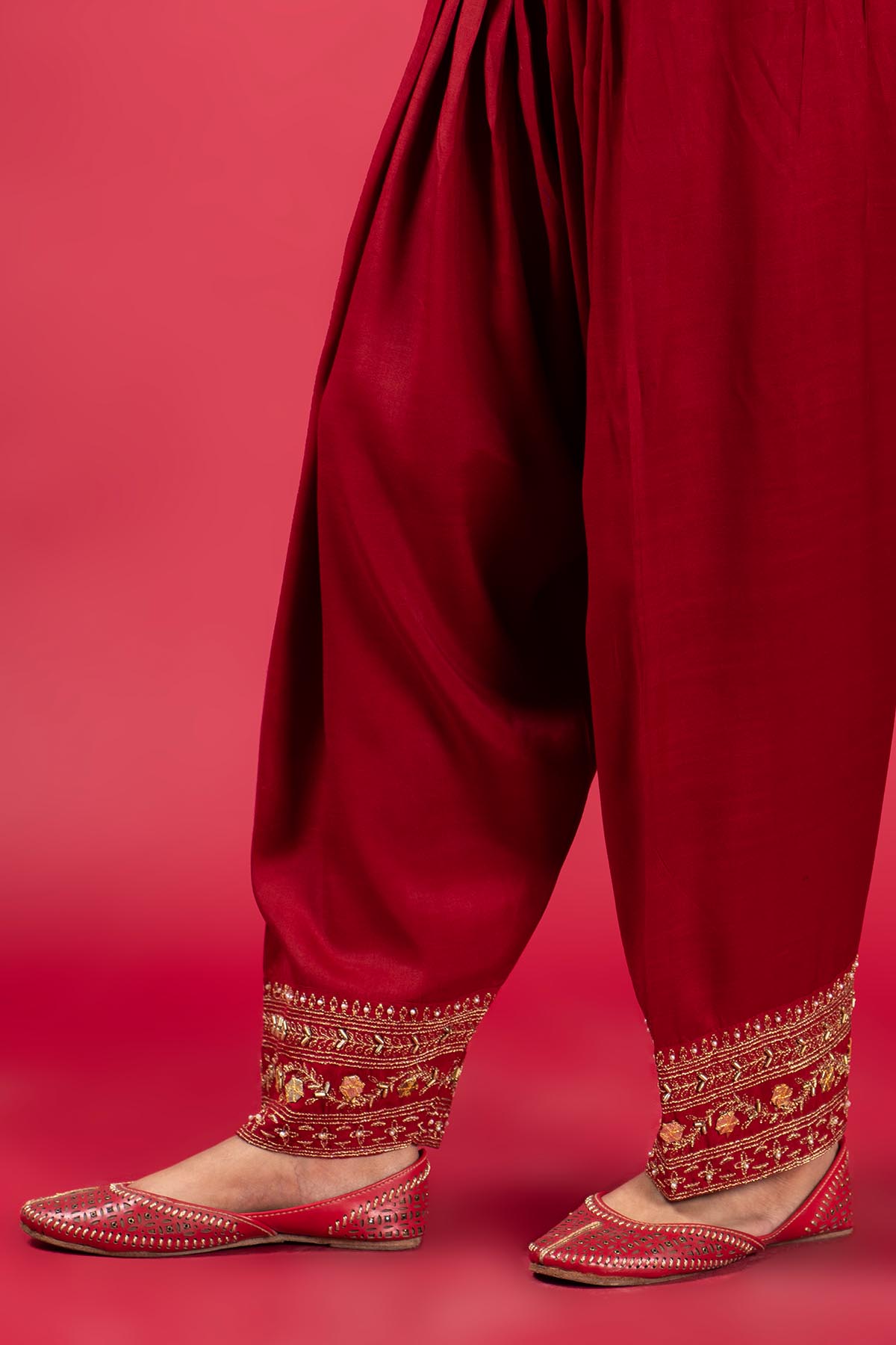 Border Red in Red coloured Pak Raw Silk fabric 2