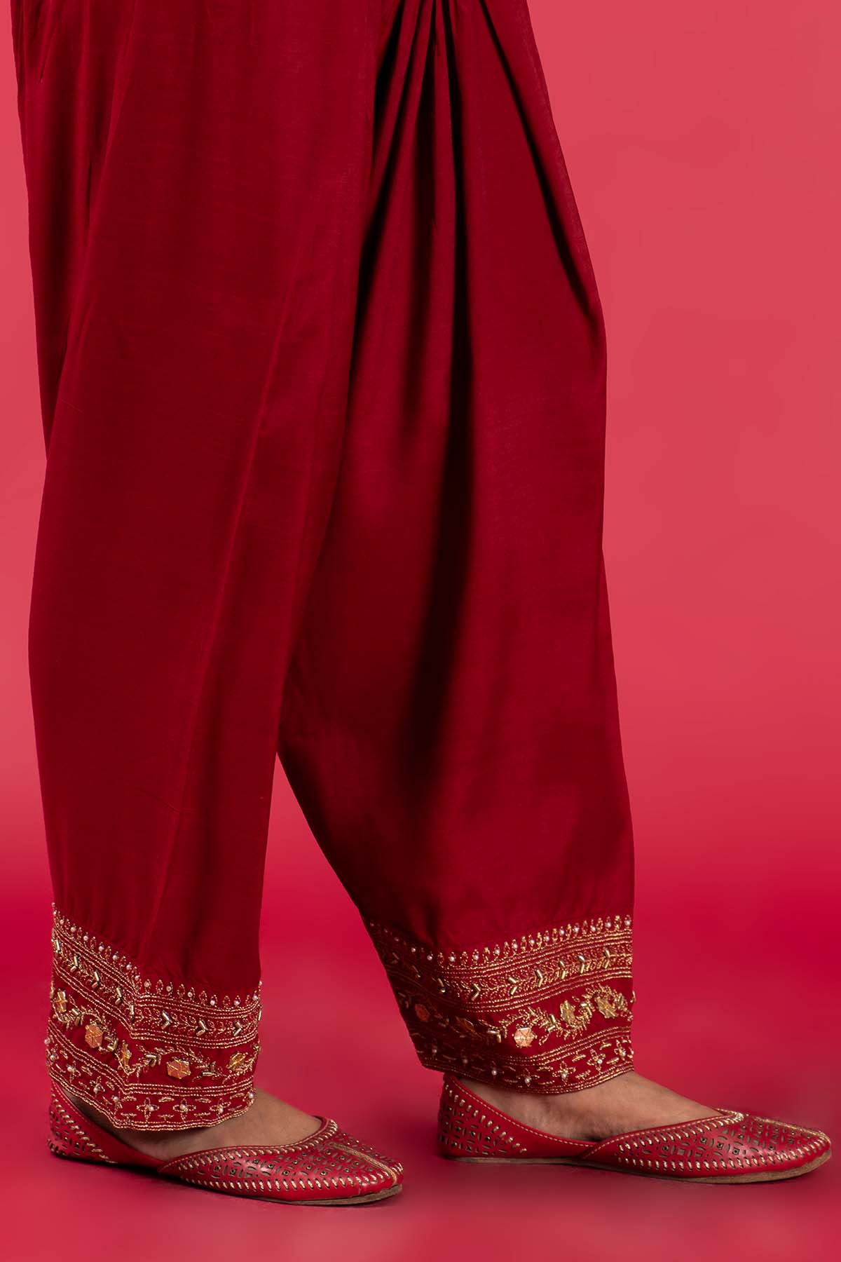 Border Red in Red coloured Pak Raw Silk fabric 3
