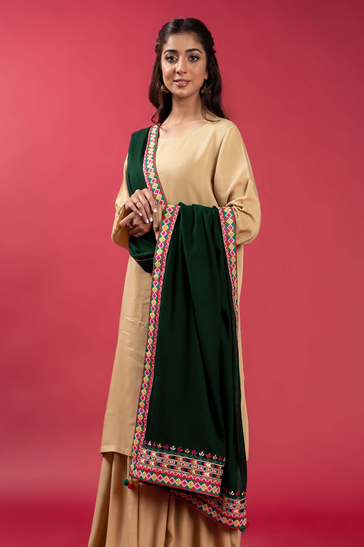 Beige Cross Stitch in Green coloured Wool fabric 3