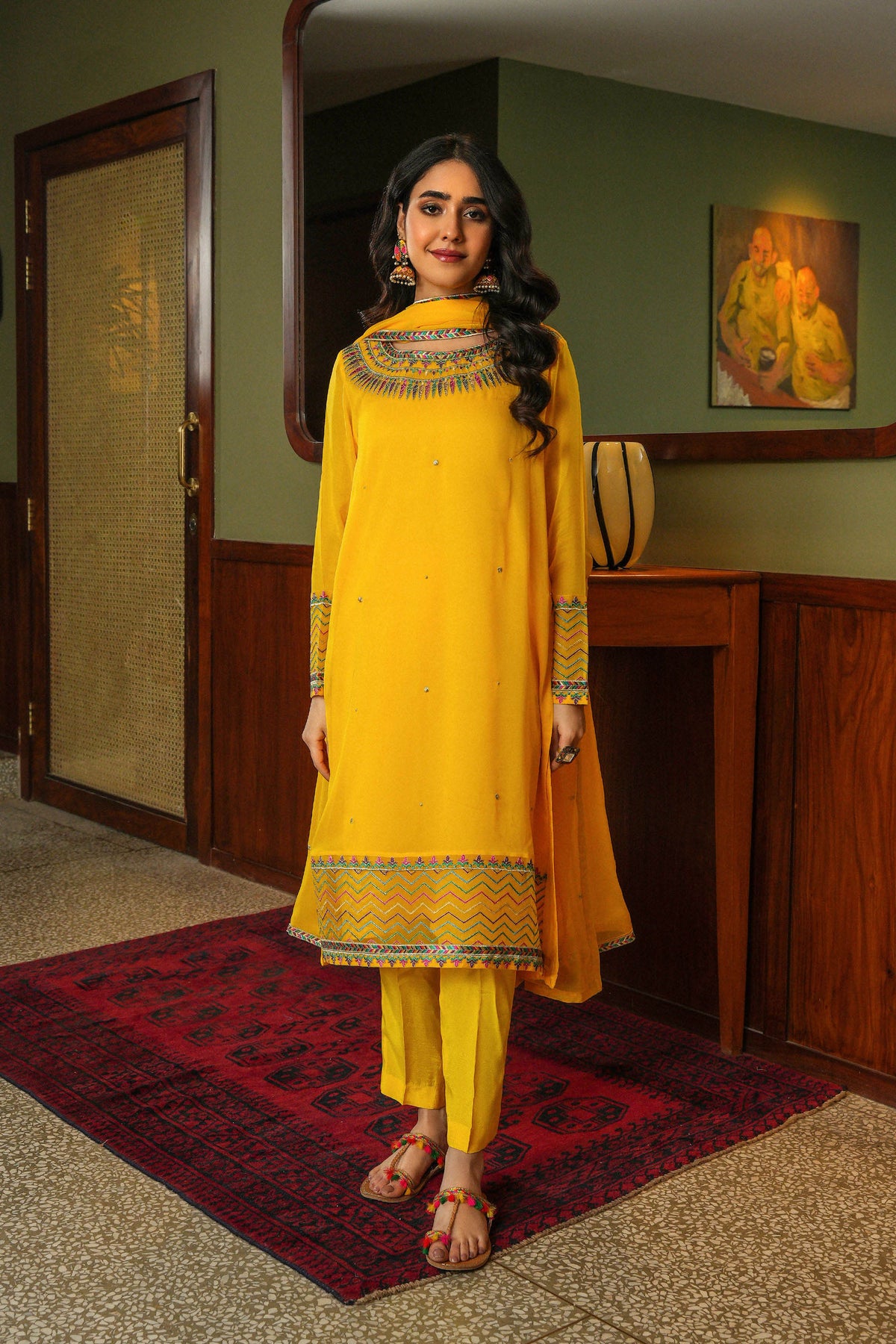 Usher E Noor: 2 Piece Set in Yellow Printed Chiffon (FR0961)