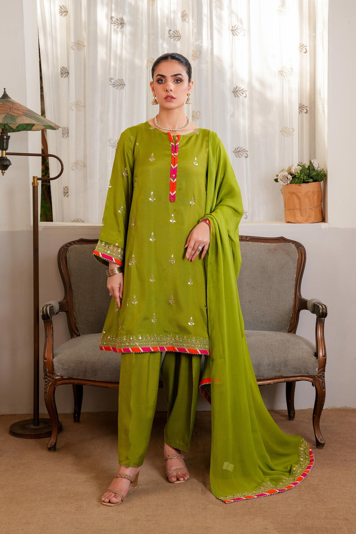 Husn: 3 Piece Suit Suit in Mehdi green Raw Silk (FR0997)