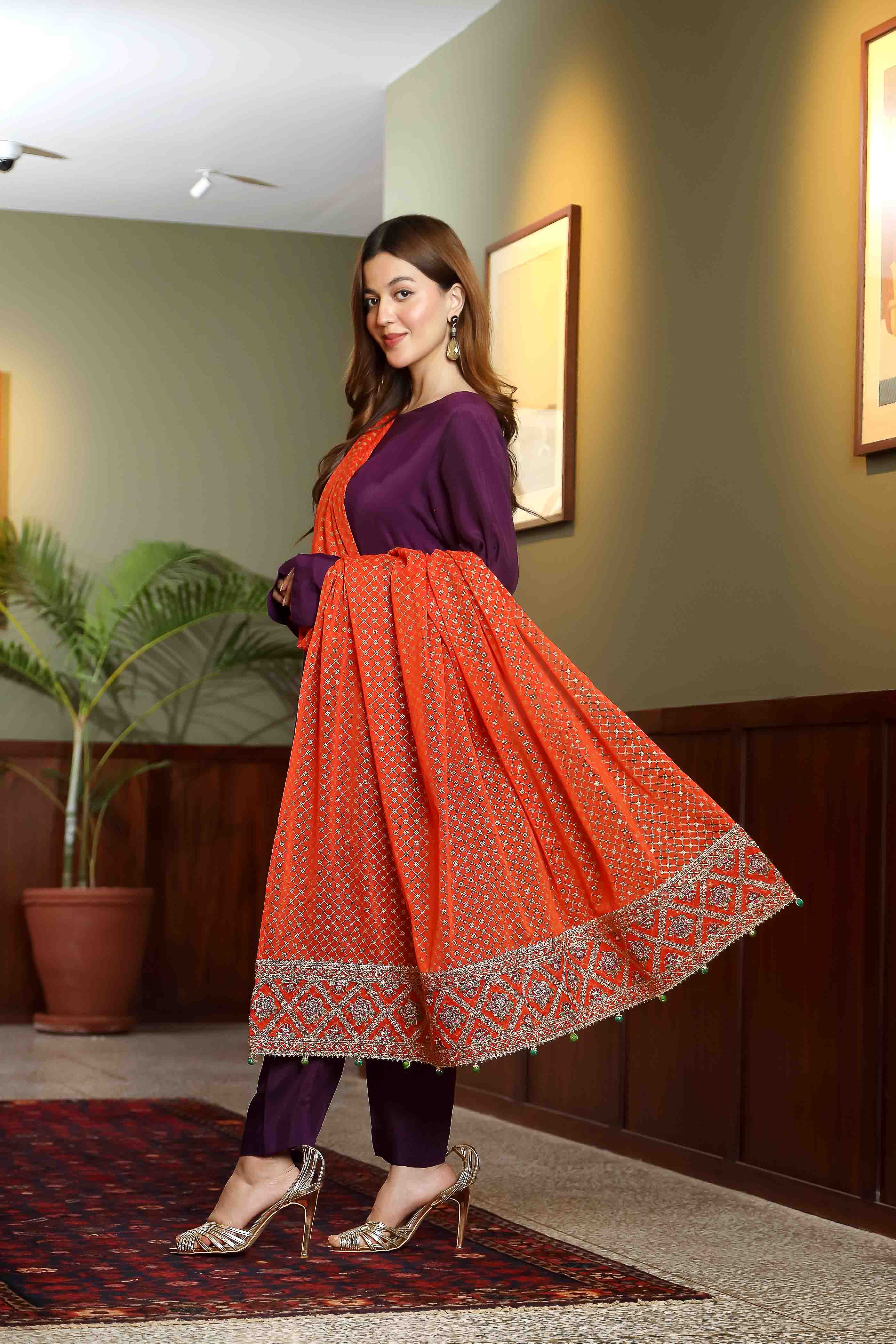 Mastani: 1 Piece Dupatta in Orange Pak Chiffon (FZ0739)