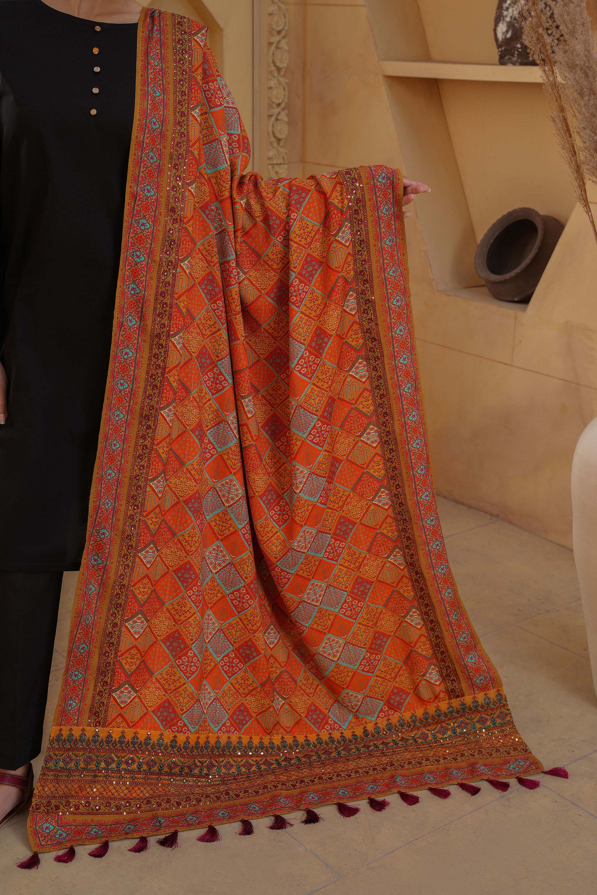 Brown Mehrab: 1 Piece Shawl in Multi Raw Silk (FZ0816)