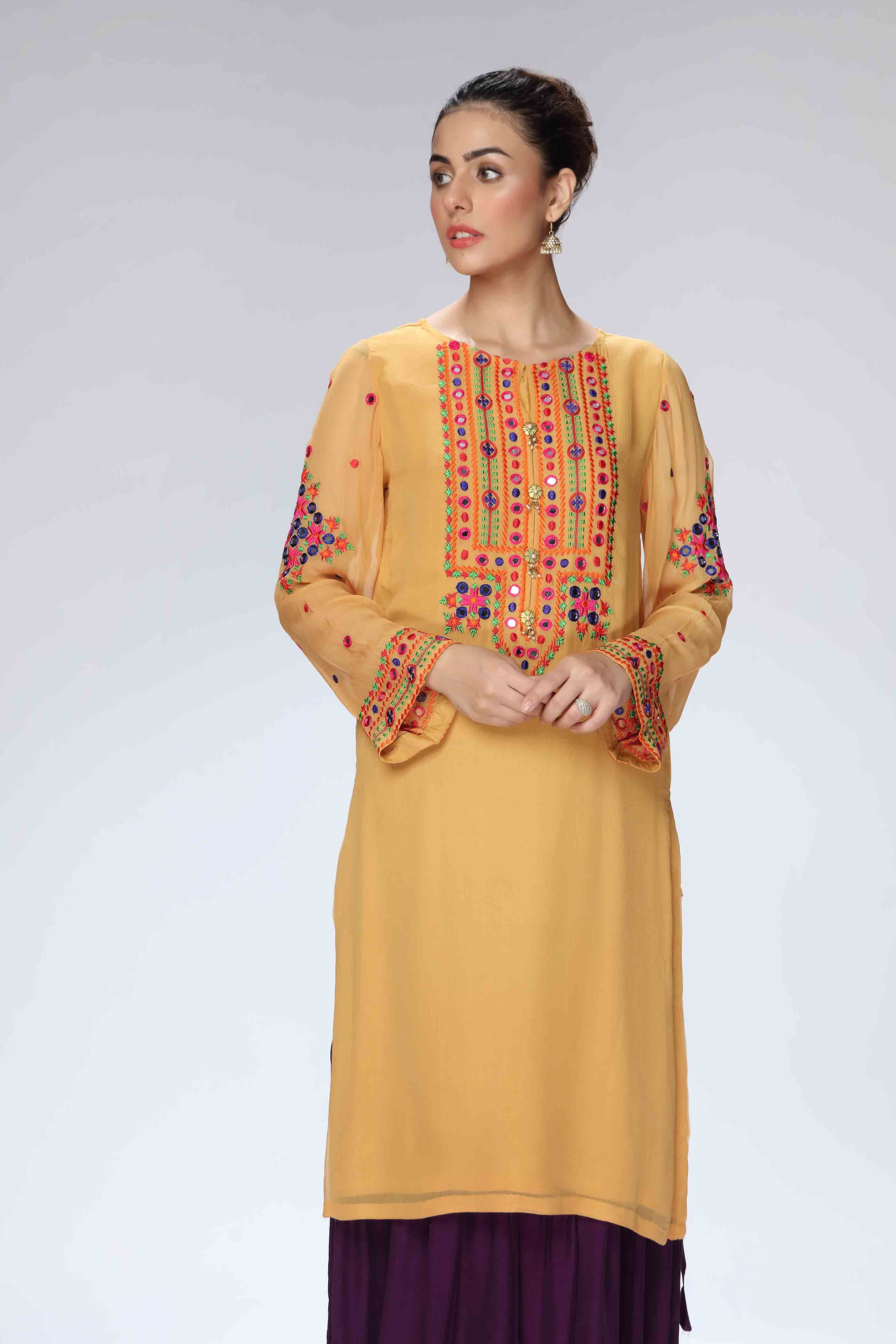 Afghan Yellow in Mustard coloured Pak Chiffon fabric 4