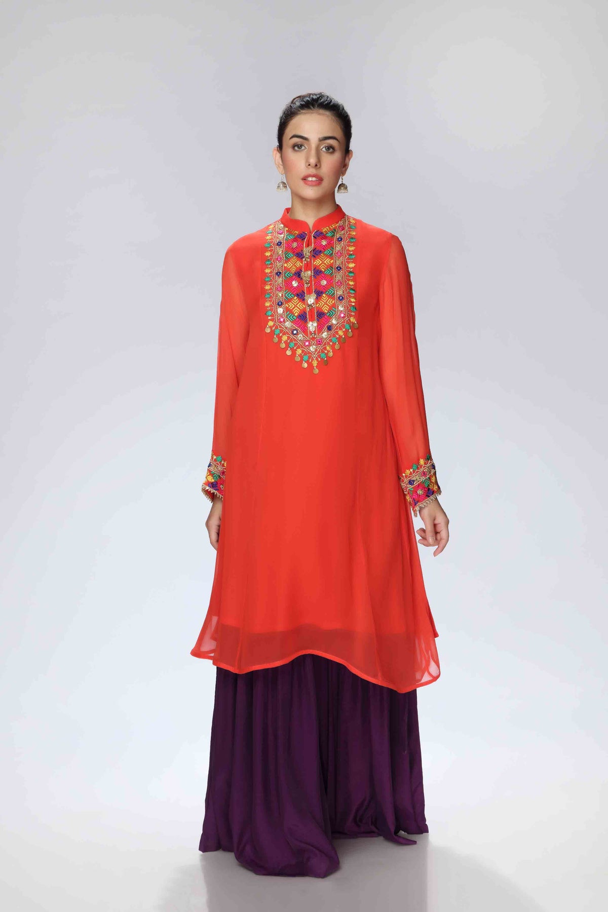 Embroidered Tangerine in Orange coloured Pak Chiffon fabric