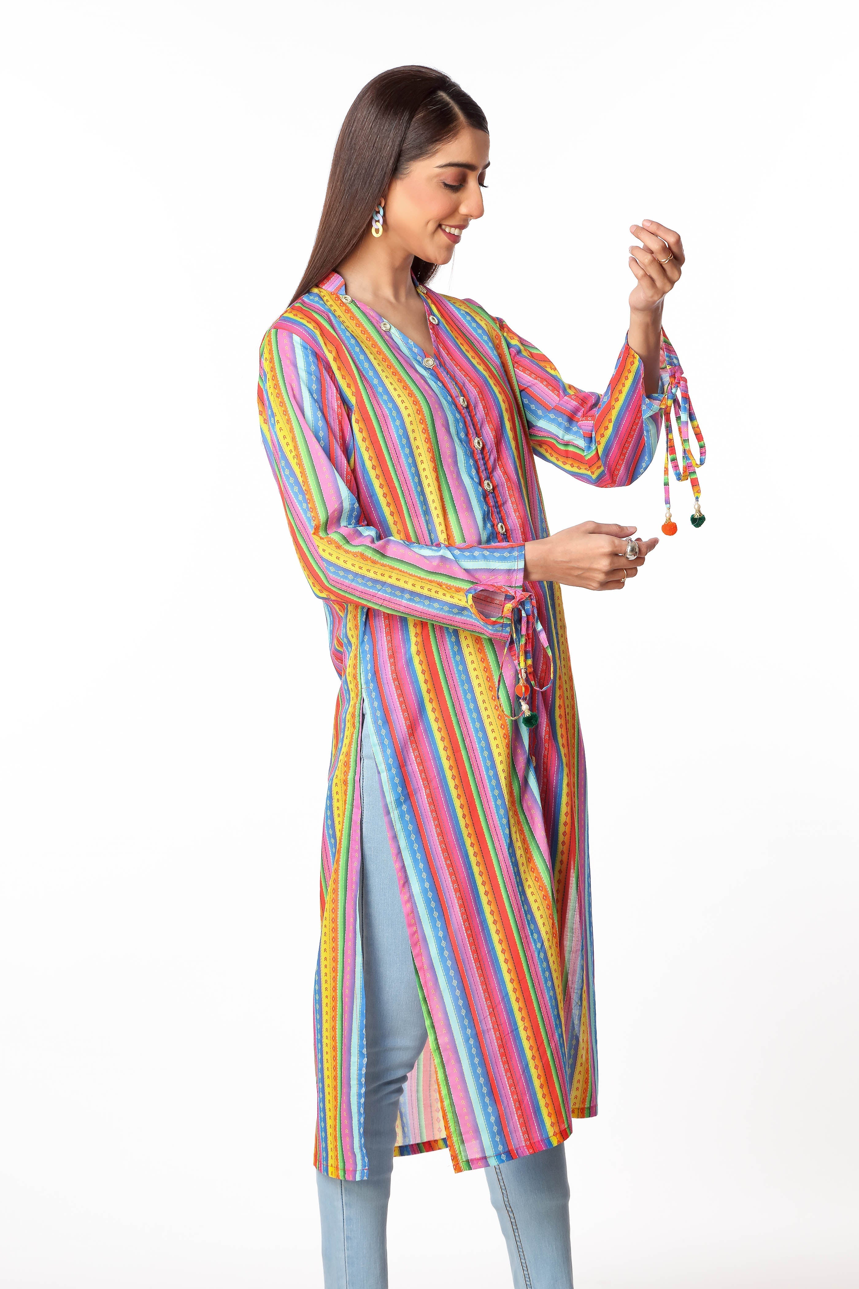 Multi Hues in Multi coloured Printed Lawn fabric 2
