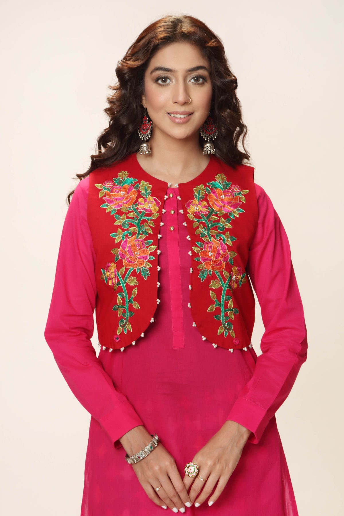 Floral Koti in Red coloured Cambric fabric