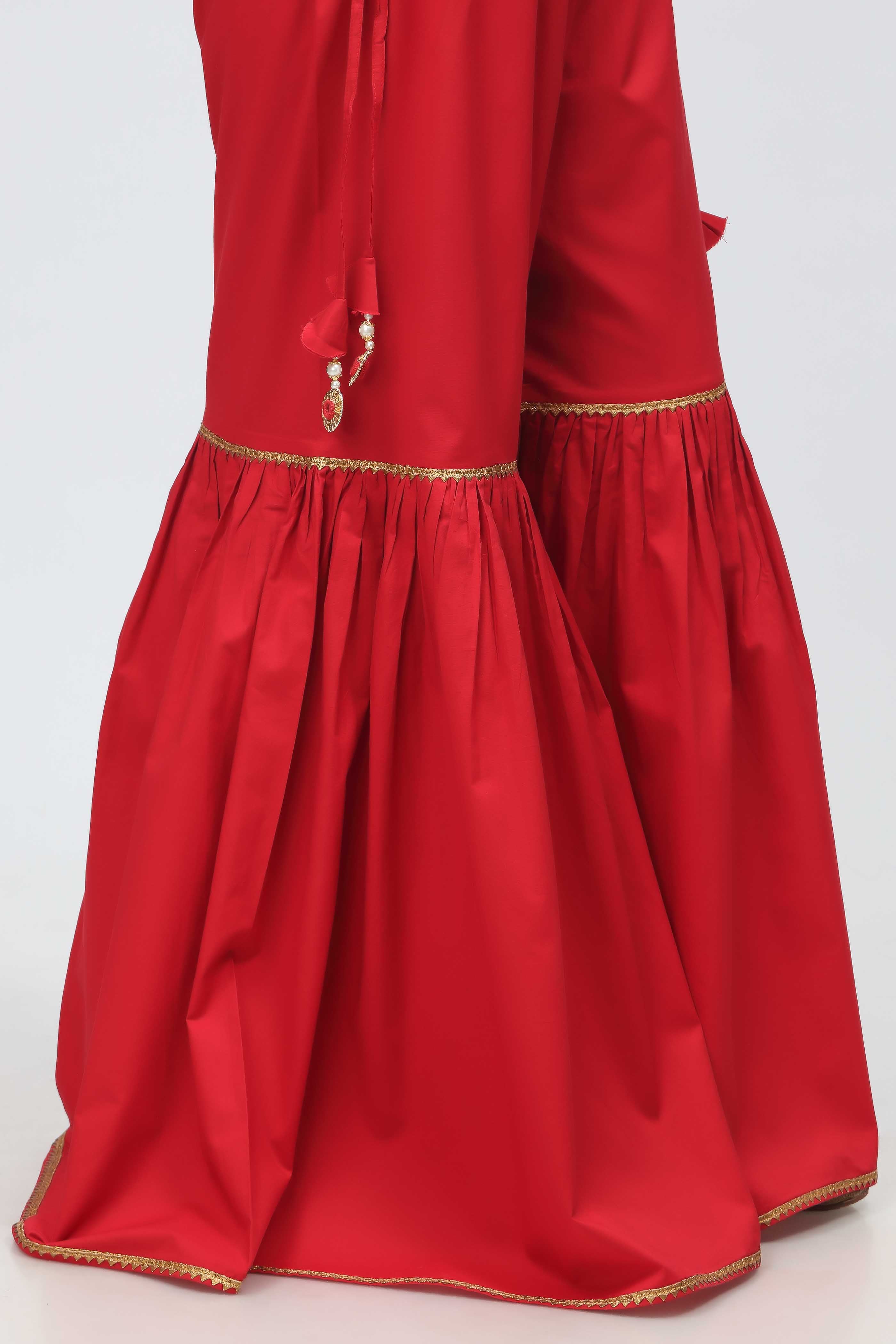 Red Gharara: 1 Piece Gharara in Red Cambric (CZ2938)