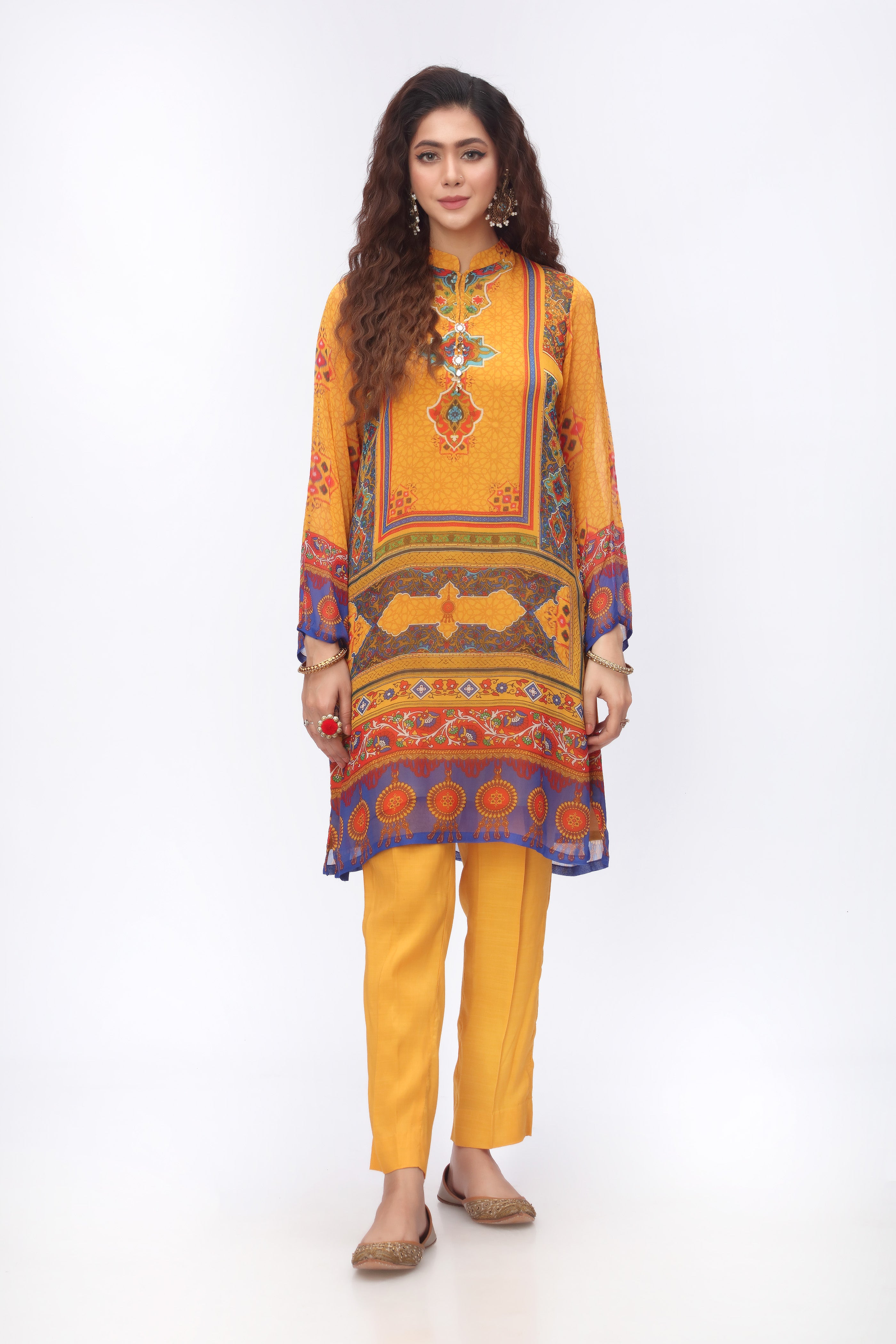 Mustard File in Multi coloured Pak Chiffon fabric