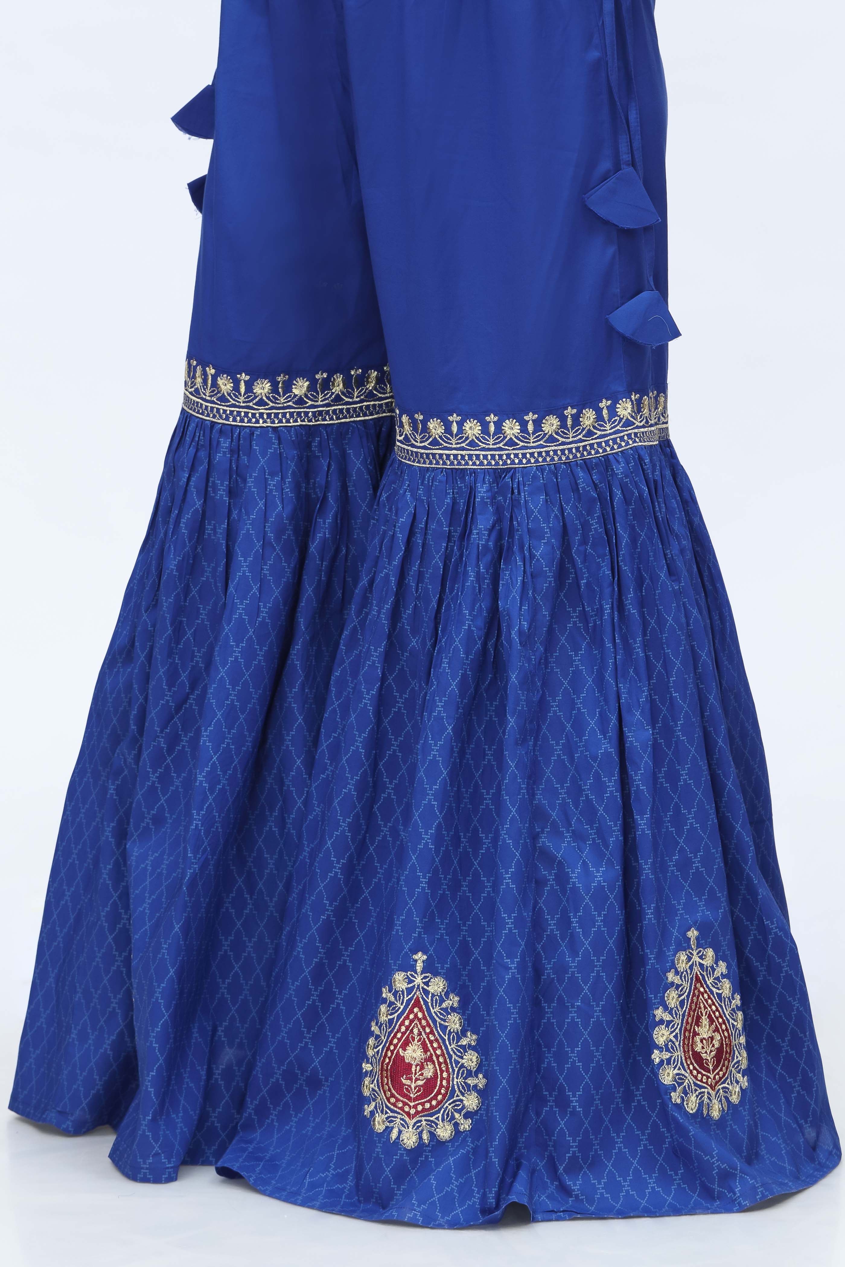 Gold Gharara: 1 Piece Gharara in Royal Blue Printed Cambric (CZ3037)