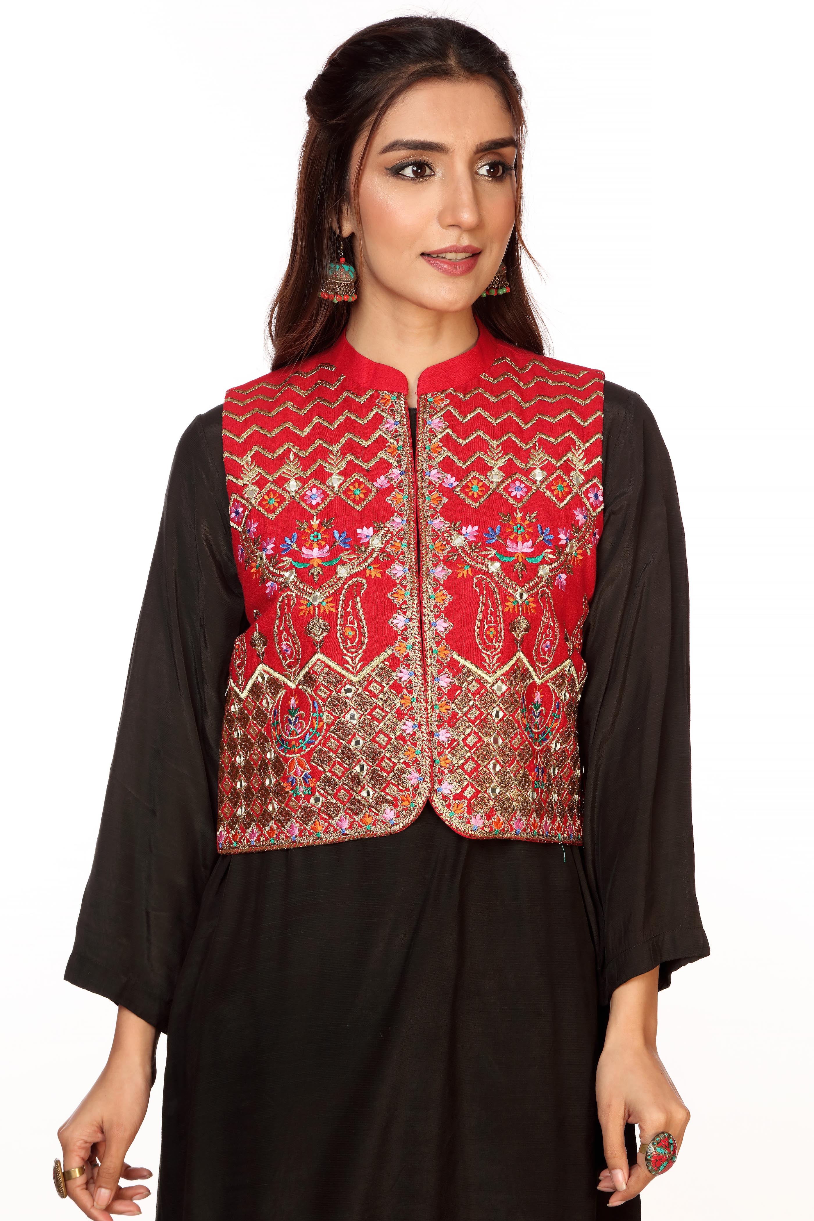 Coloured Tilla in Red coloured Lawn Karandi fabric