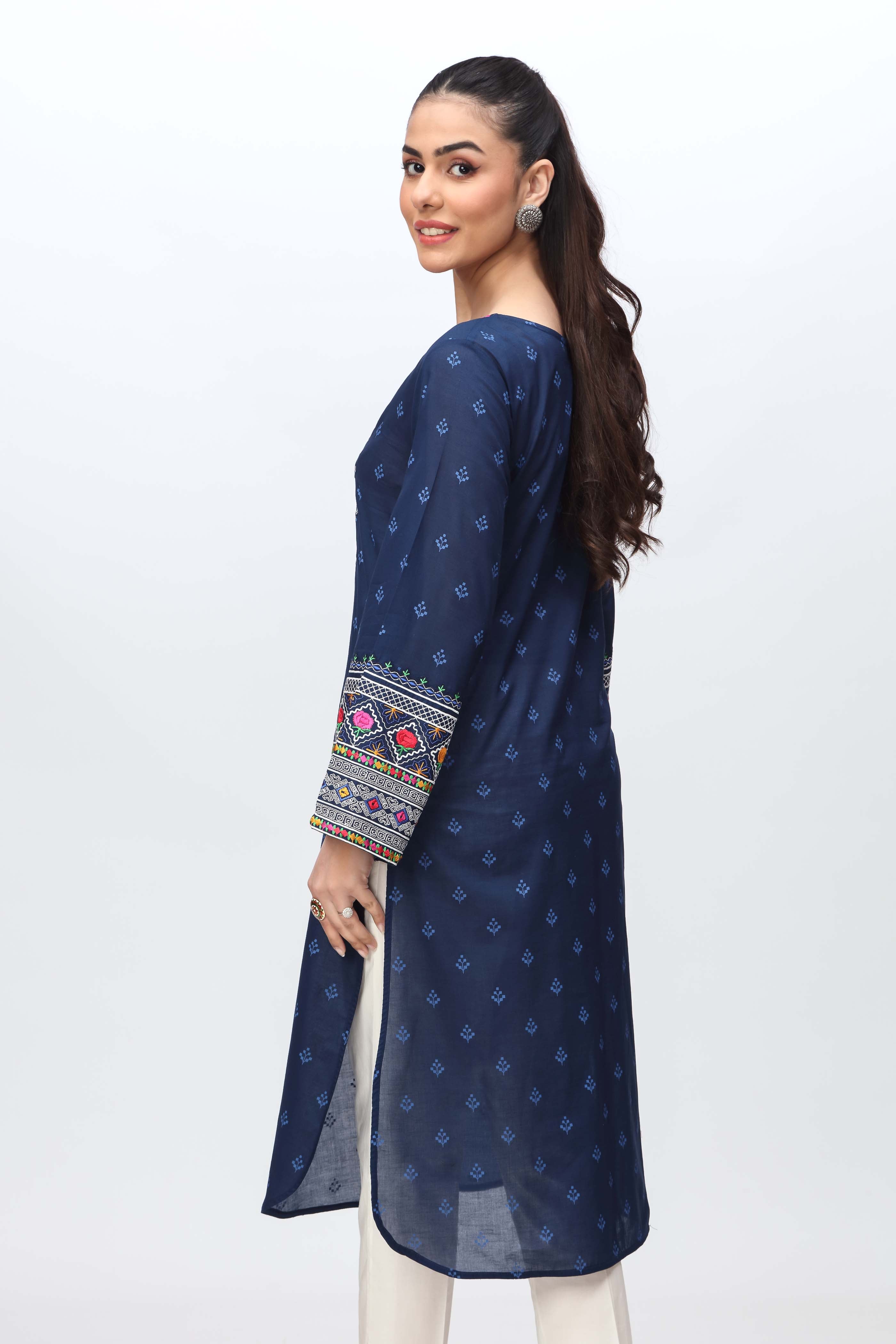 Blue Sleeves: 1 Piece Top in Navy Blue Printed Lawn (CR3170)